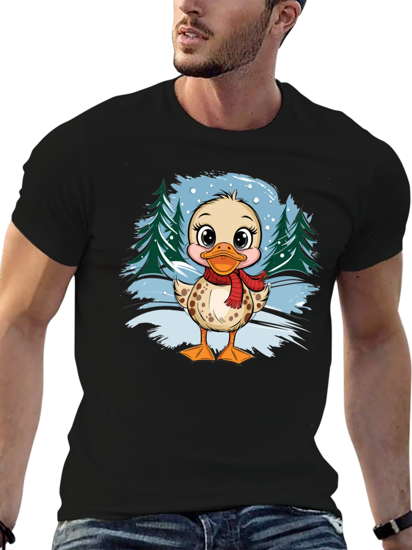 Camiseta Negra con Diseño de Pato Invernal