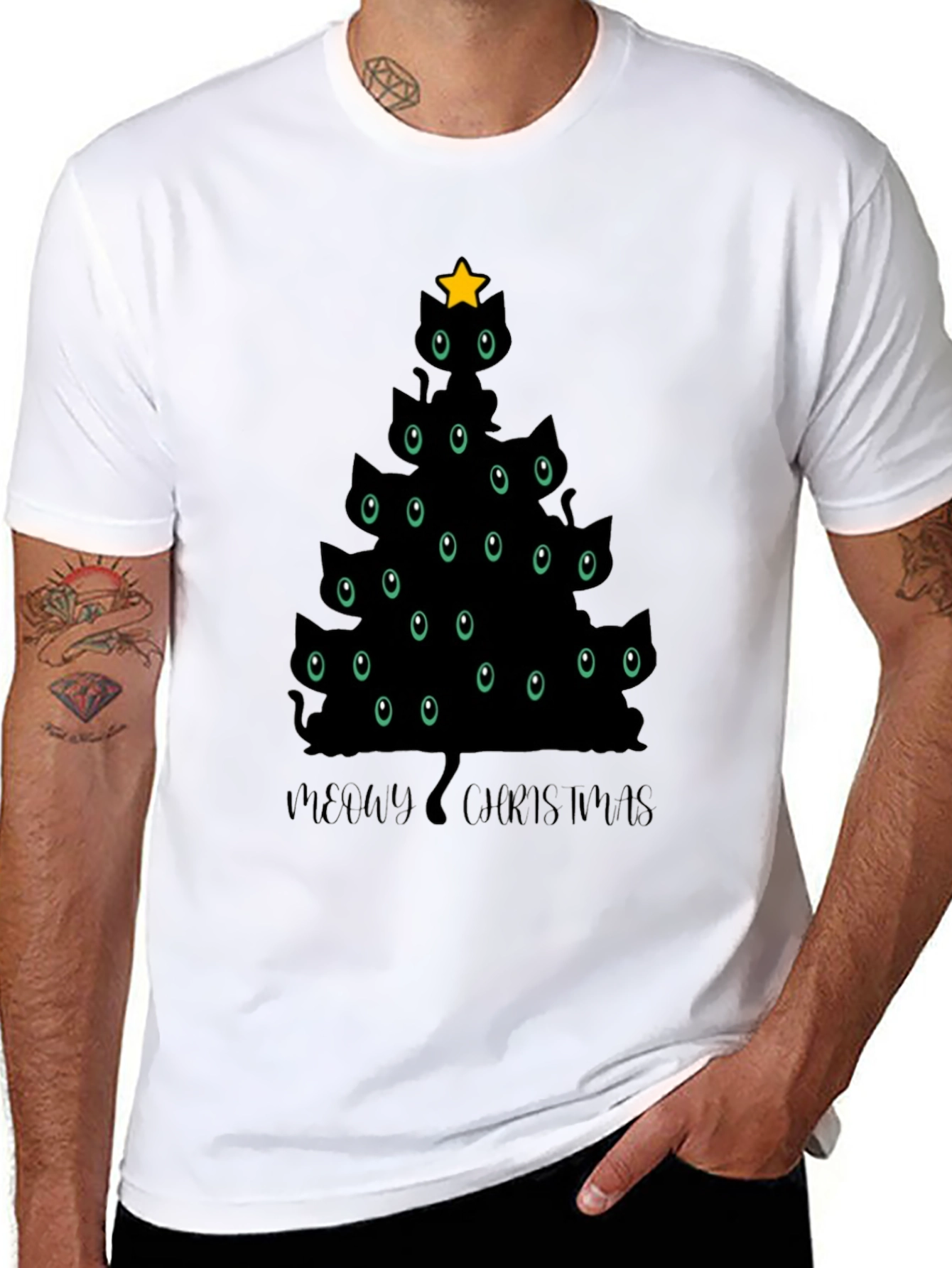 Camiseta Negra Árbol de Navidad Gatuno