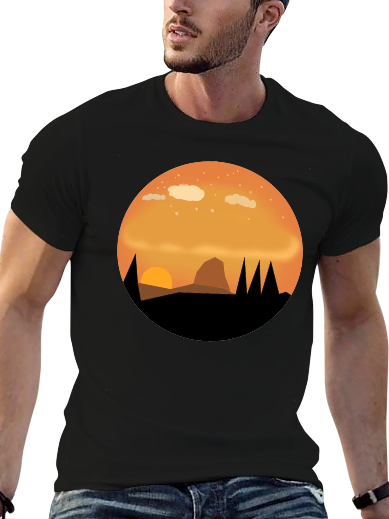 Camiseta Negra con Diseño de Atardecer Montañoso