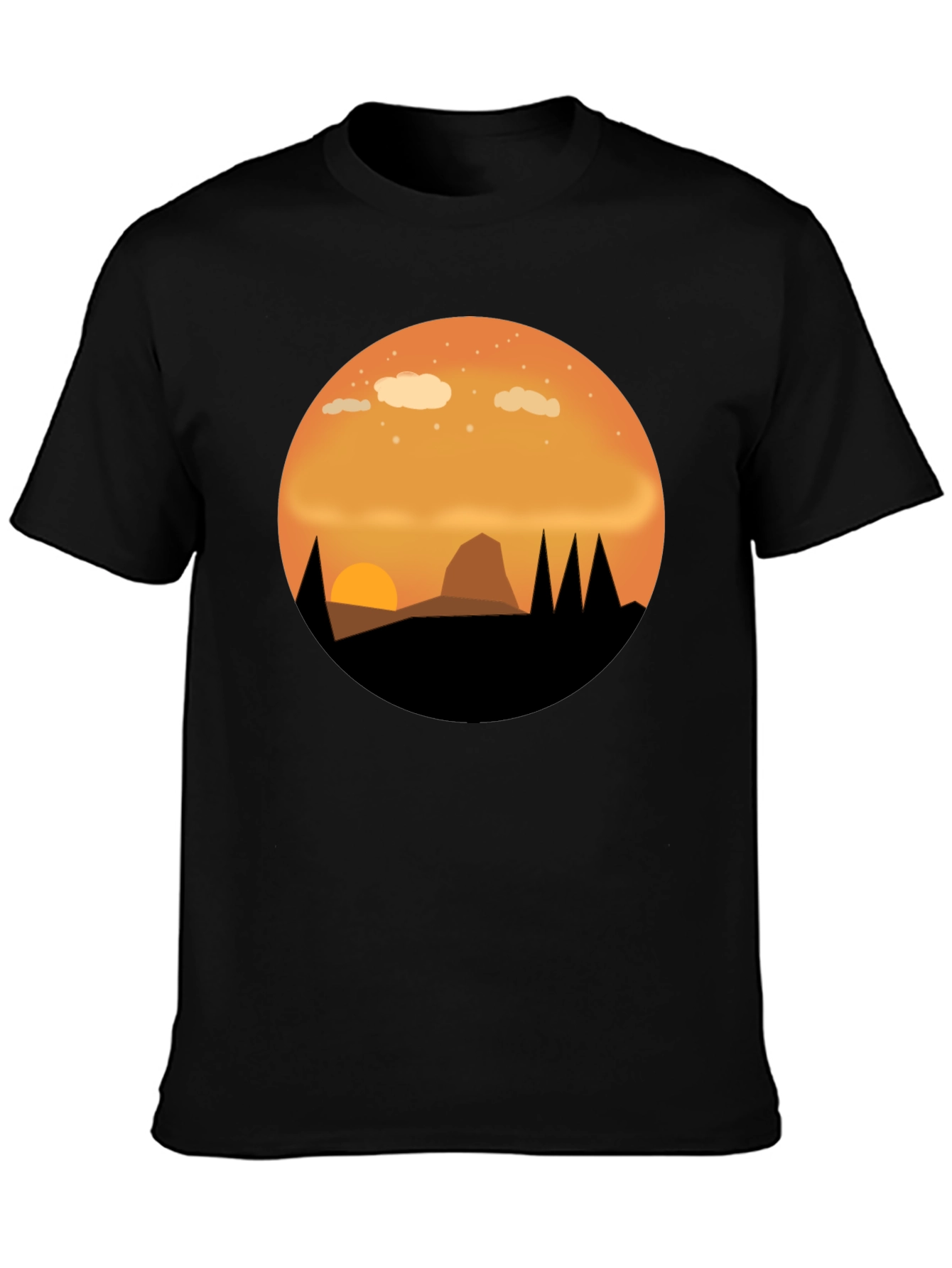 Camiseta Negra con Diseño de Atardecer Montañoso