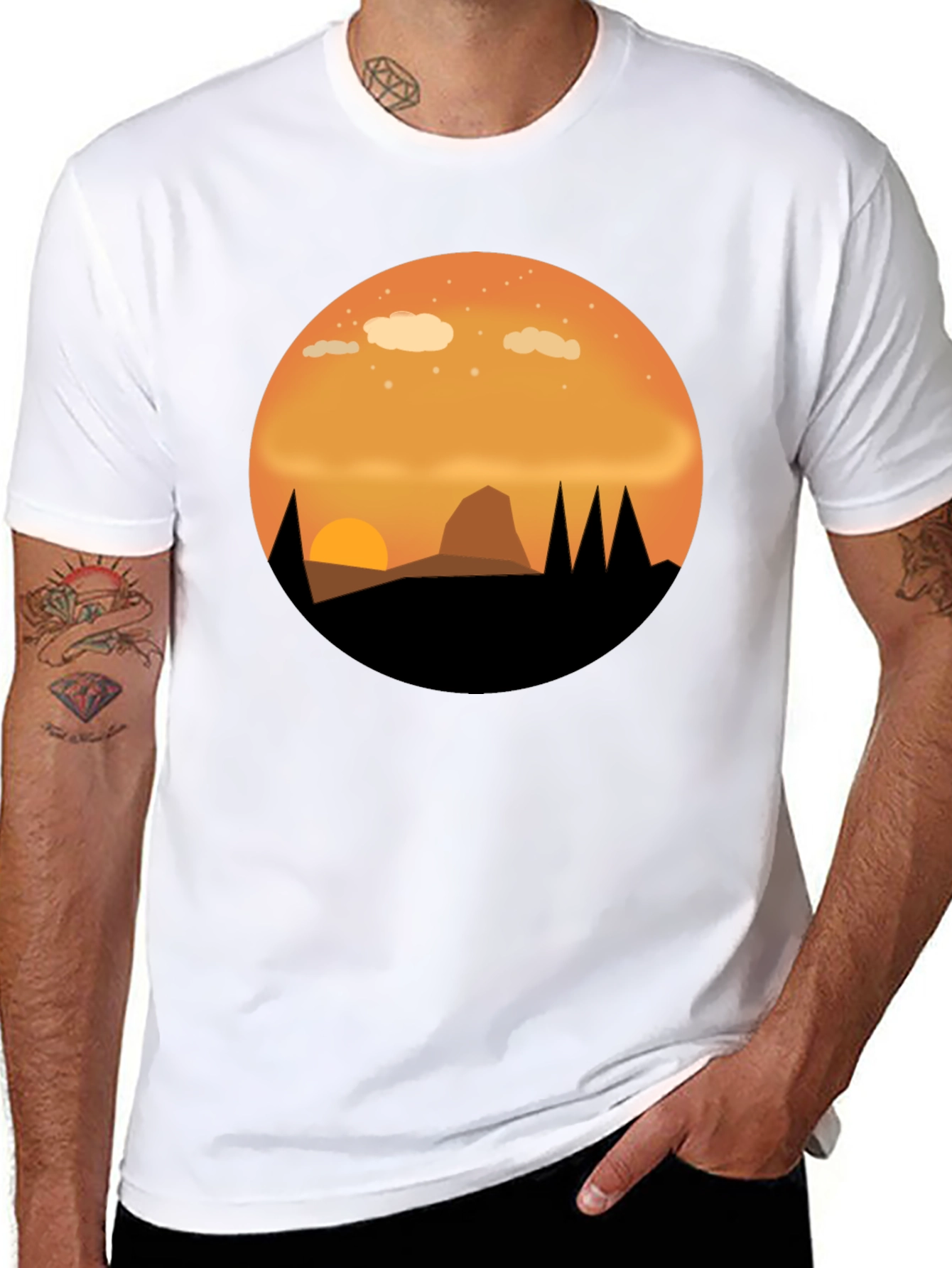 Camiseta Negra con Diseño de Atardecer Montañoso