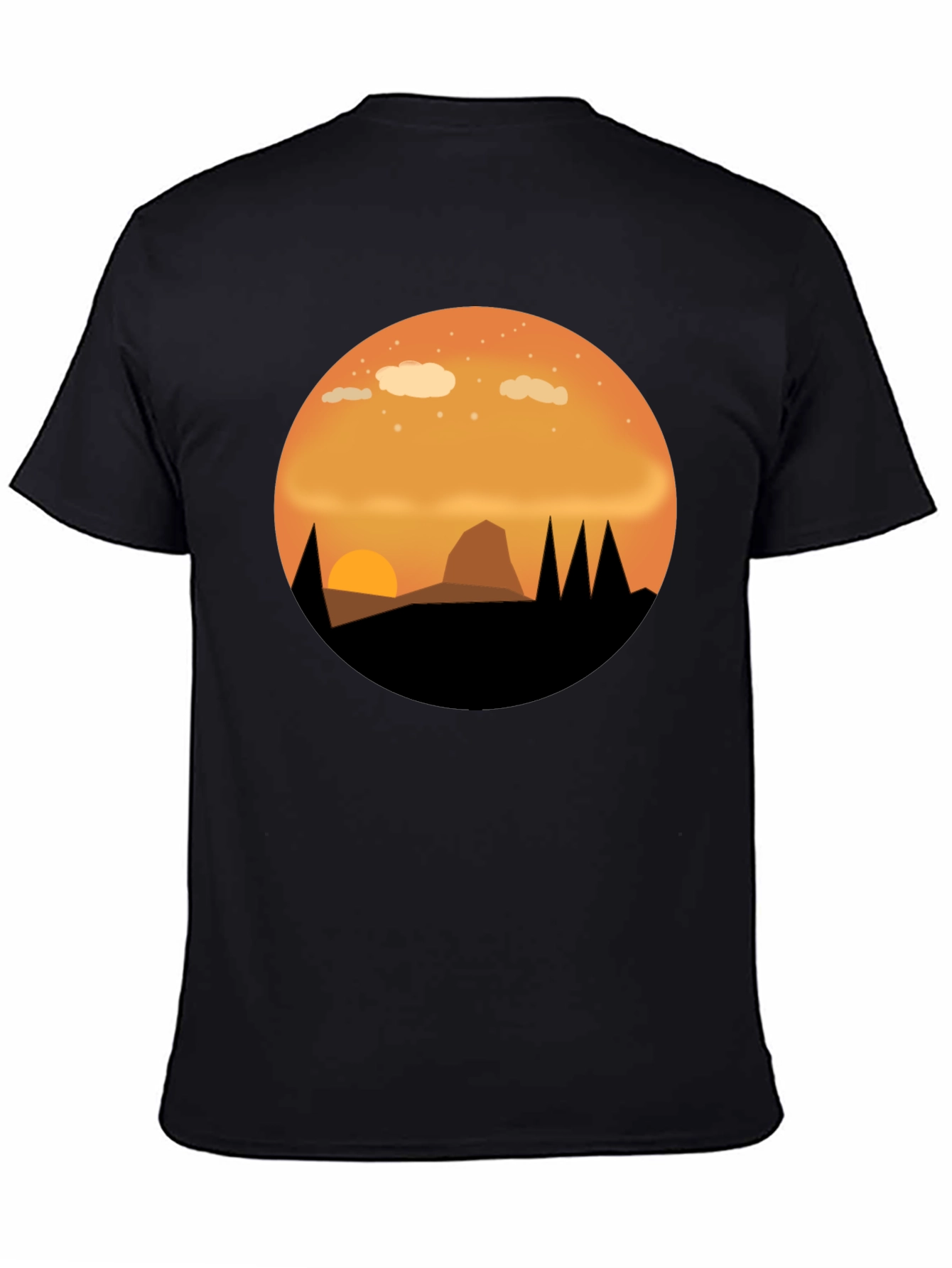 Camiseta Negra con Diseño de Atardecer Montañoso