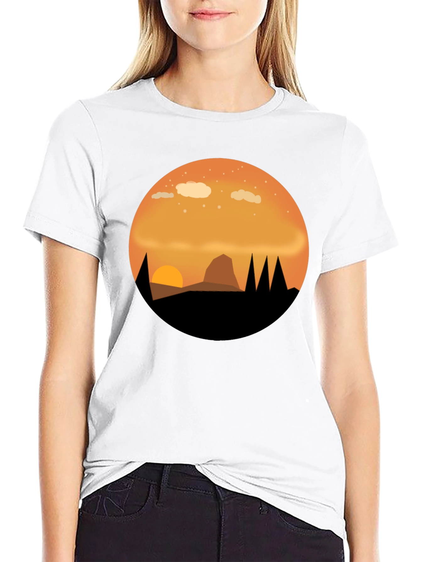 Camiseta Negra con Diseño de Atardecer Montañoso