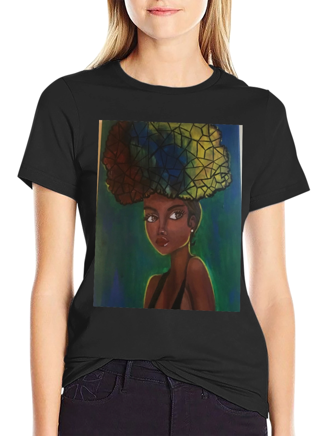 Camiseta Negra con Ilustración Artística de Mujer