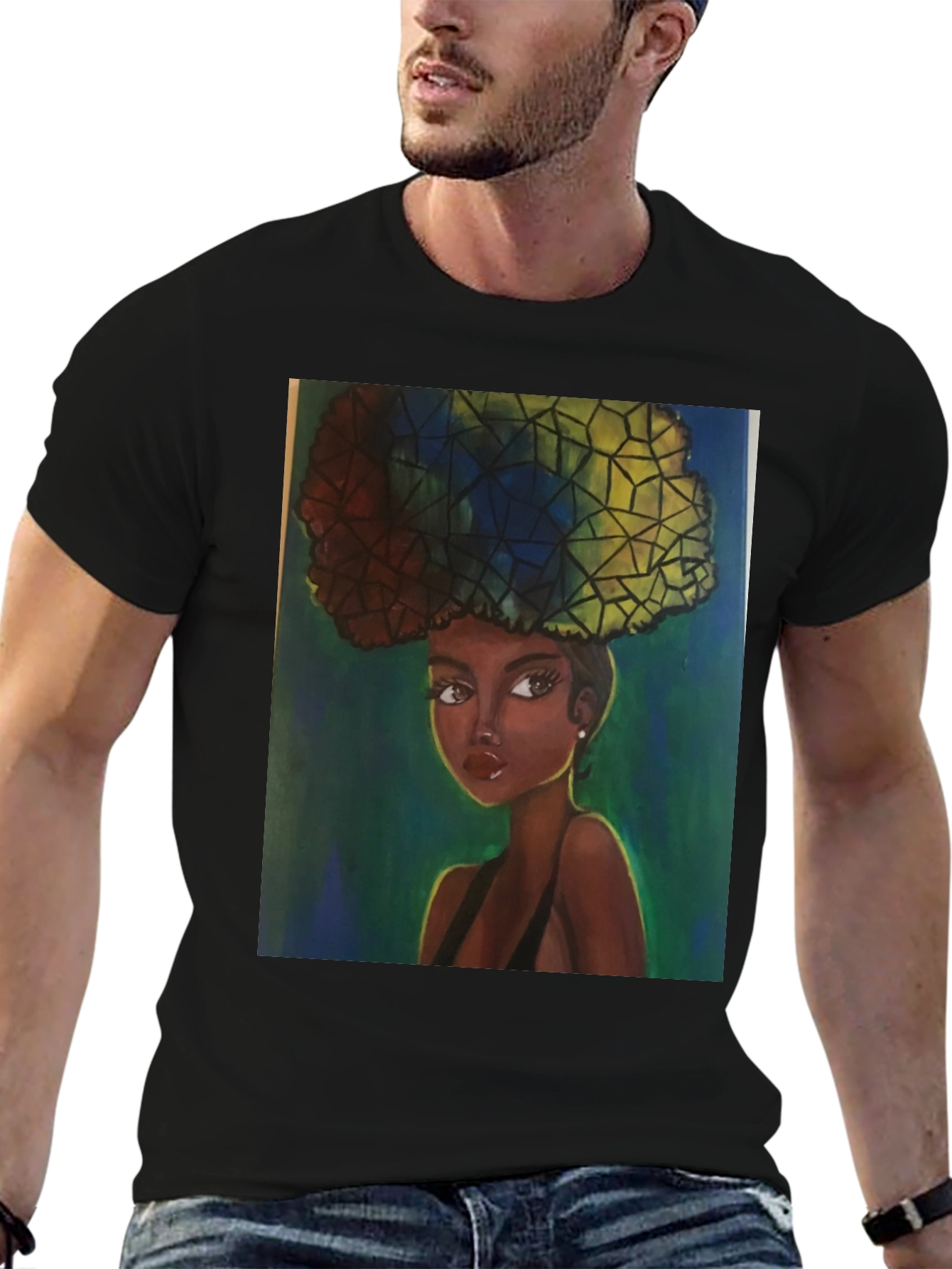 Camiseta Negra con Ilustración Artística de Mujer