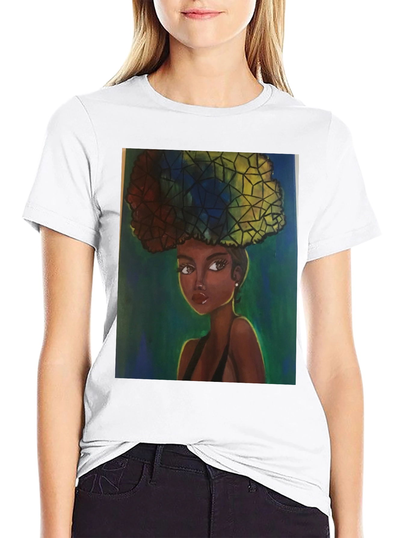 Camiseta Negra con Ilustración Artística de Mujer