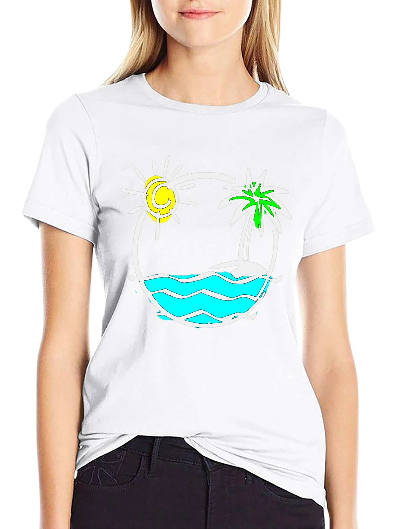 Camiseta Negra con Diseño Tropical Sol y Palmera