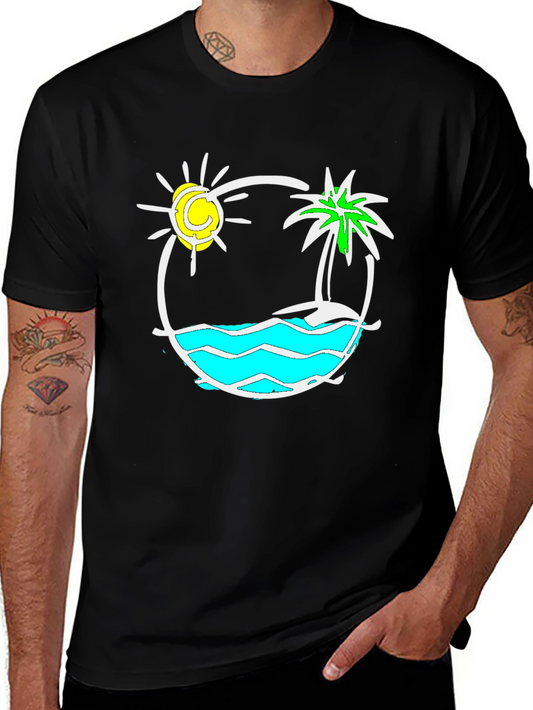 Camiseta Negra con Diseño Tropical Sol y Palmera