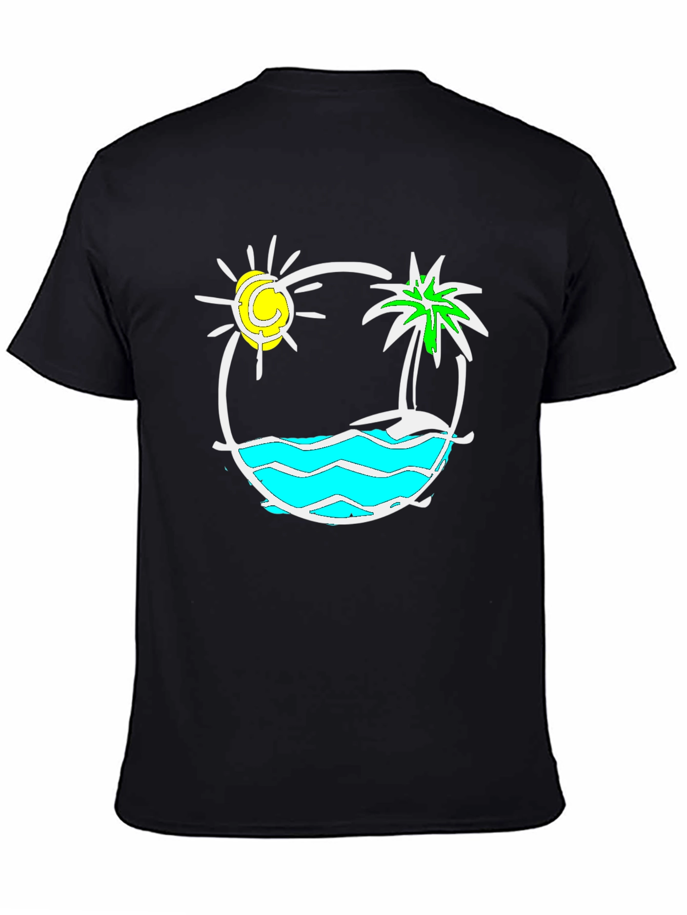 Camiseta Negra con Diseño Tropical Sol y Palmera