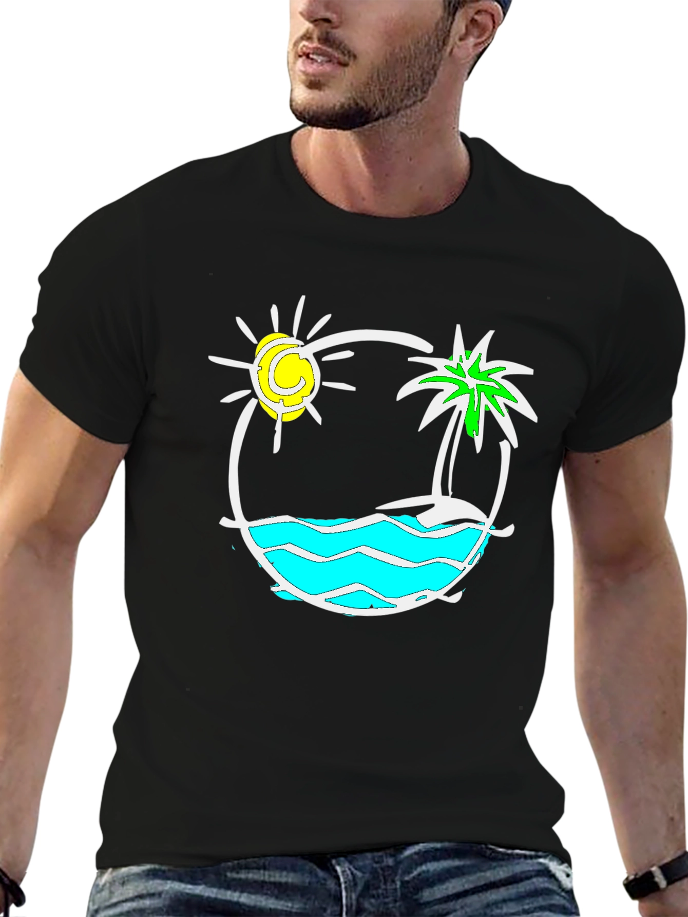 Camiseta Negra con Diseño Tropical Sol y Palmera