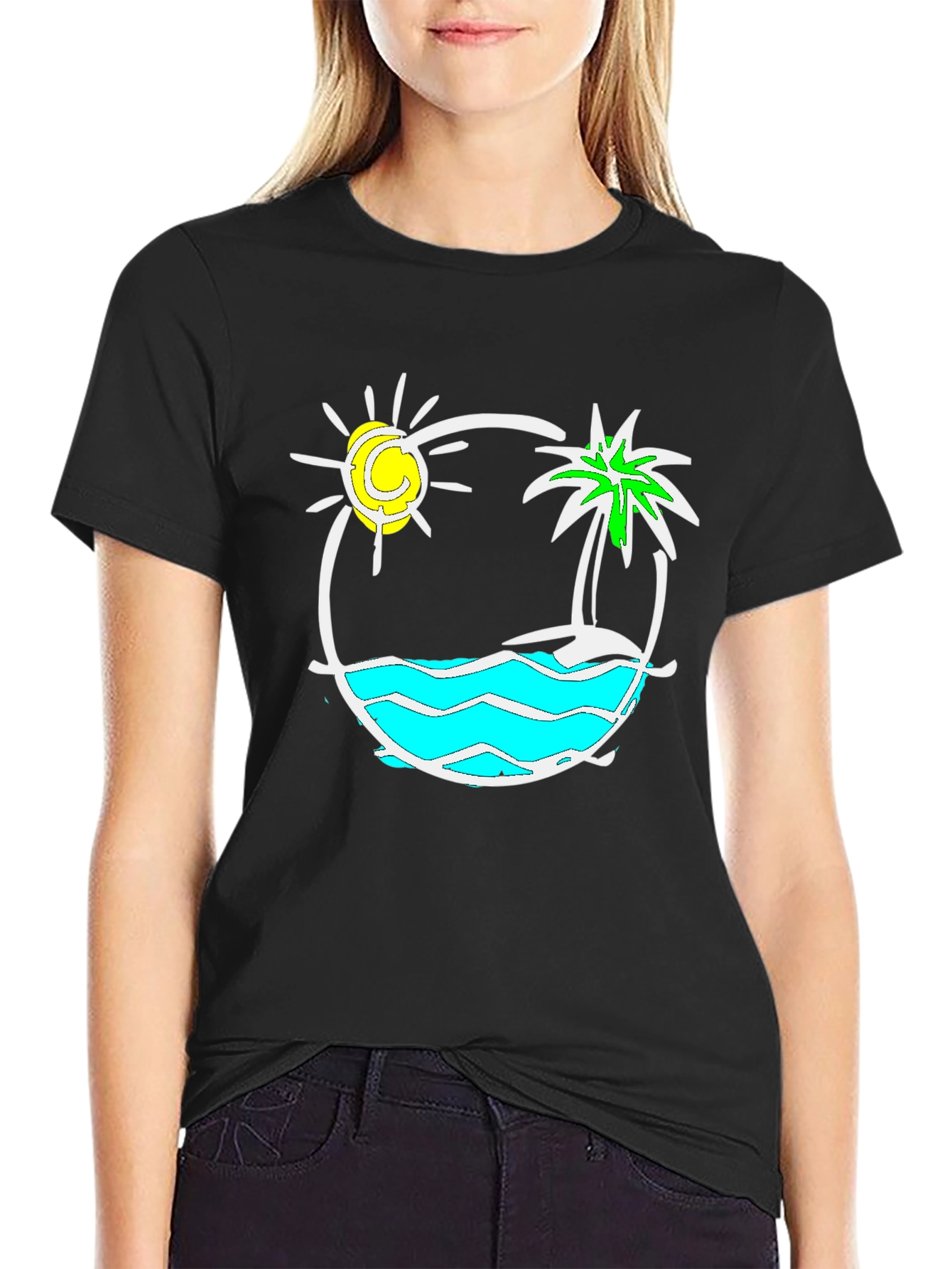 Camiseta Negra con Diseño Tropical Sol y Palmera