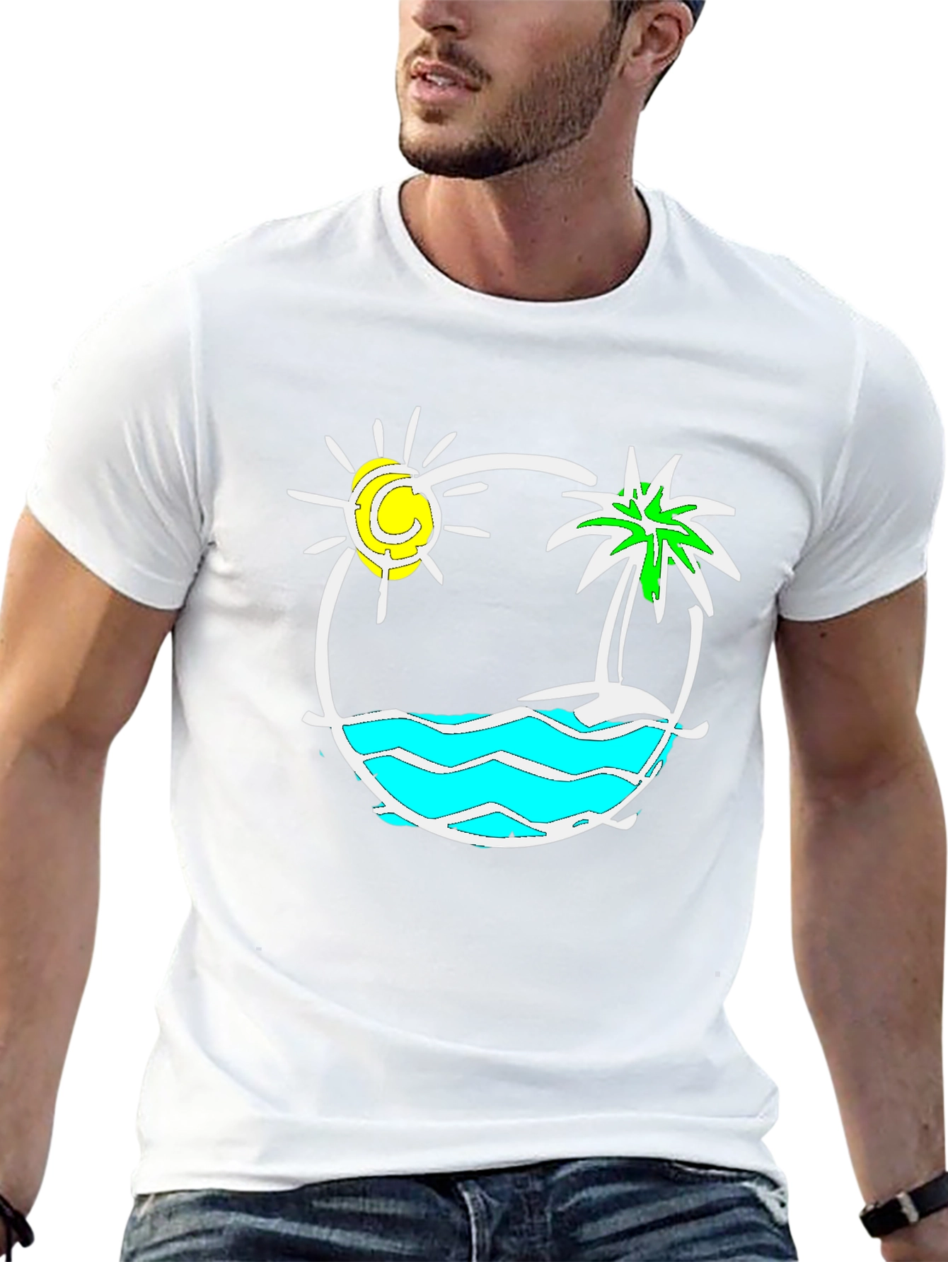 Camiseta Negra con Diseño Tropical Sol y Palmera