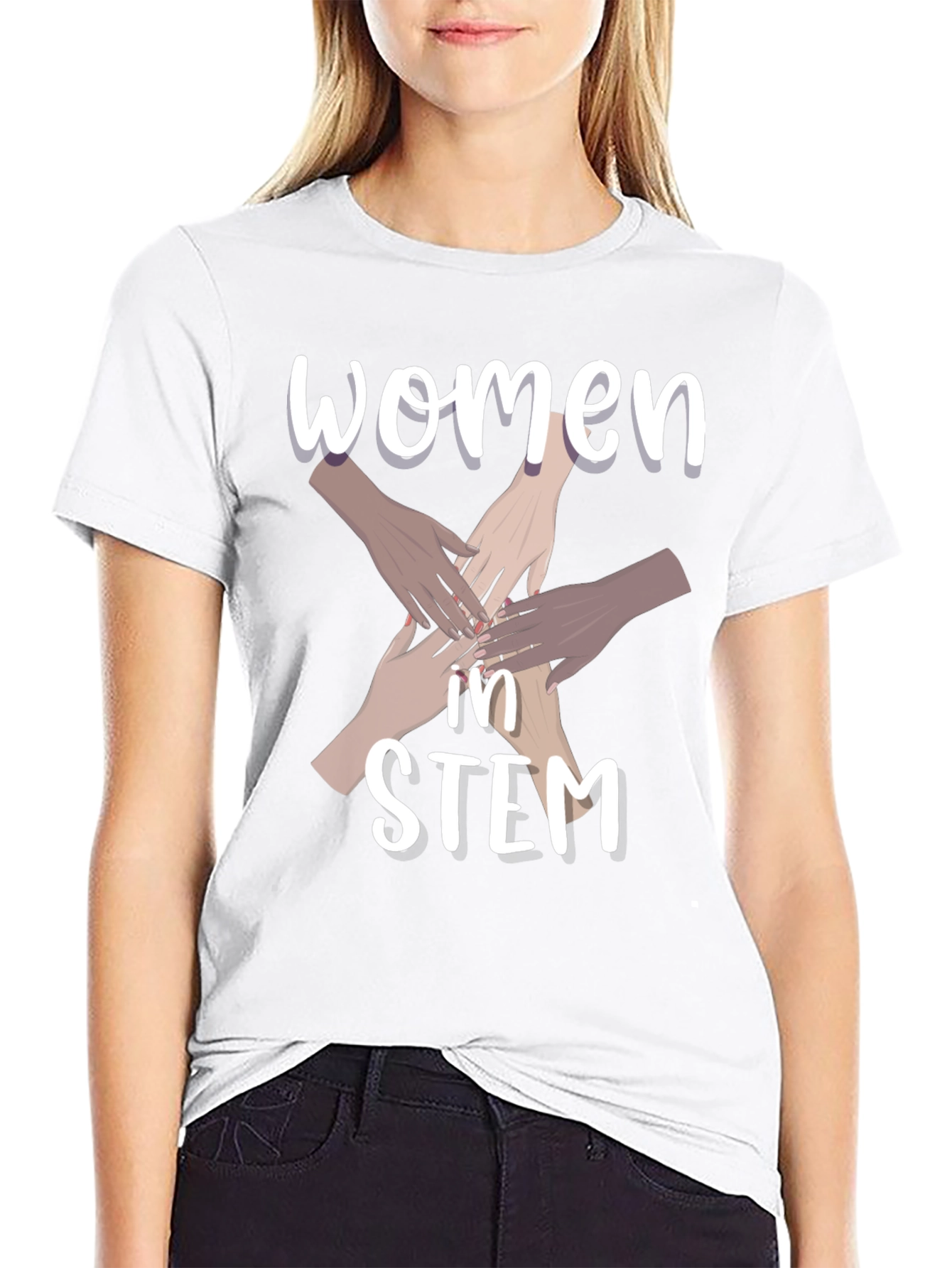 Camiseta Negra Women in STEM con Diseño de Manos