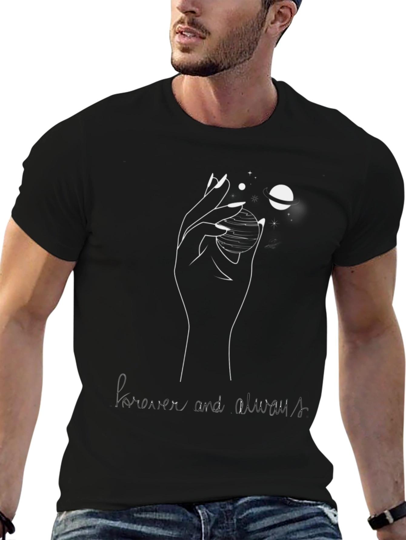 Camiseta Negra: Mano Planetas y Forever Always