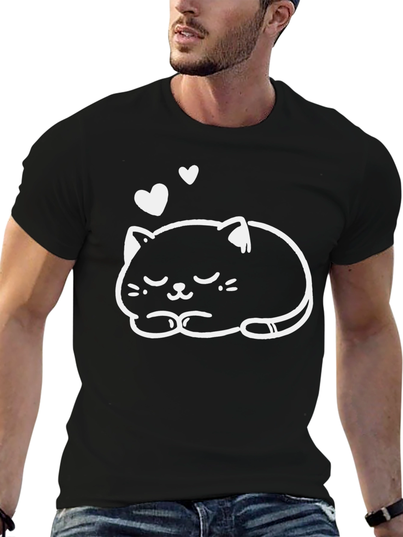 Camiseta Negra con Diseño de Gato Dormilón
