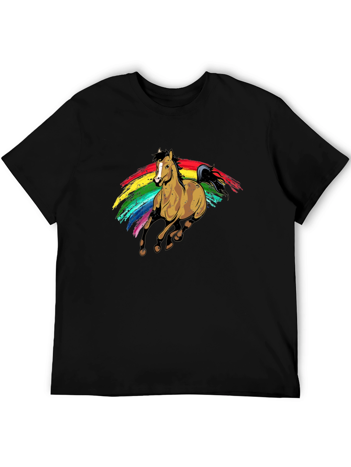 Camiseta Negra con Estampado de Caballo Arcoíris