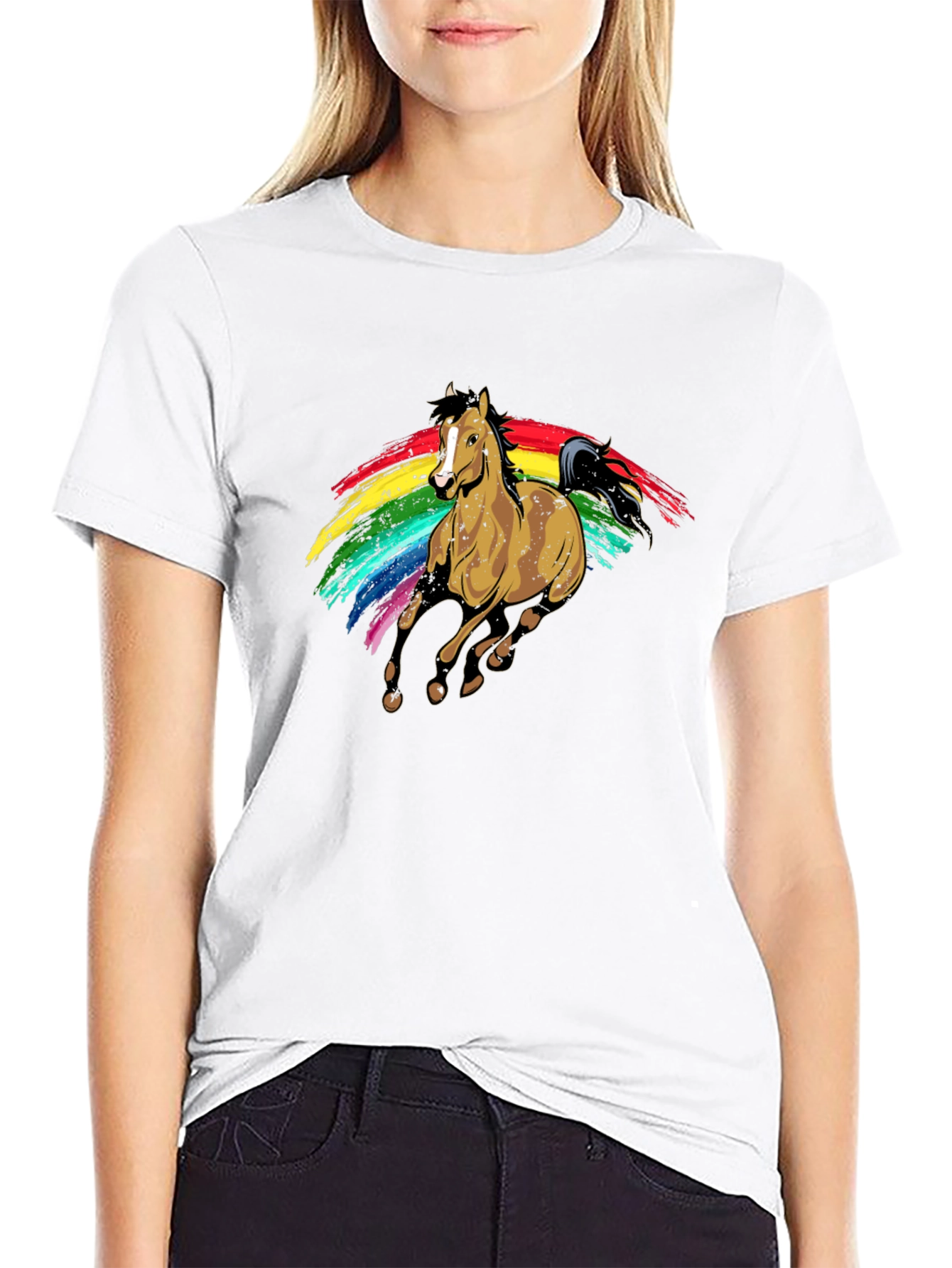 Camiseta Negra con Estampado de Caballo Arcoíris