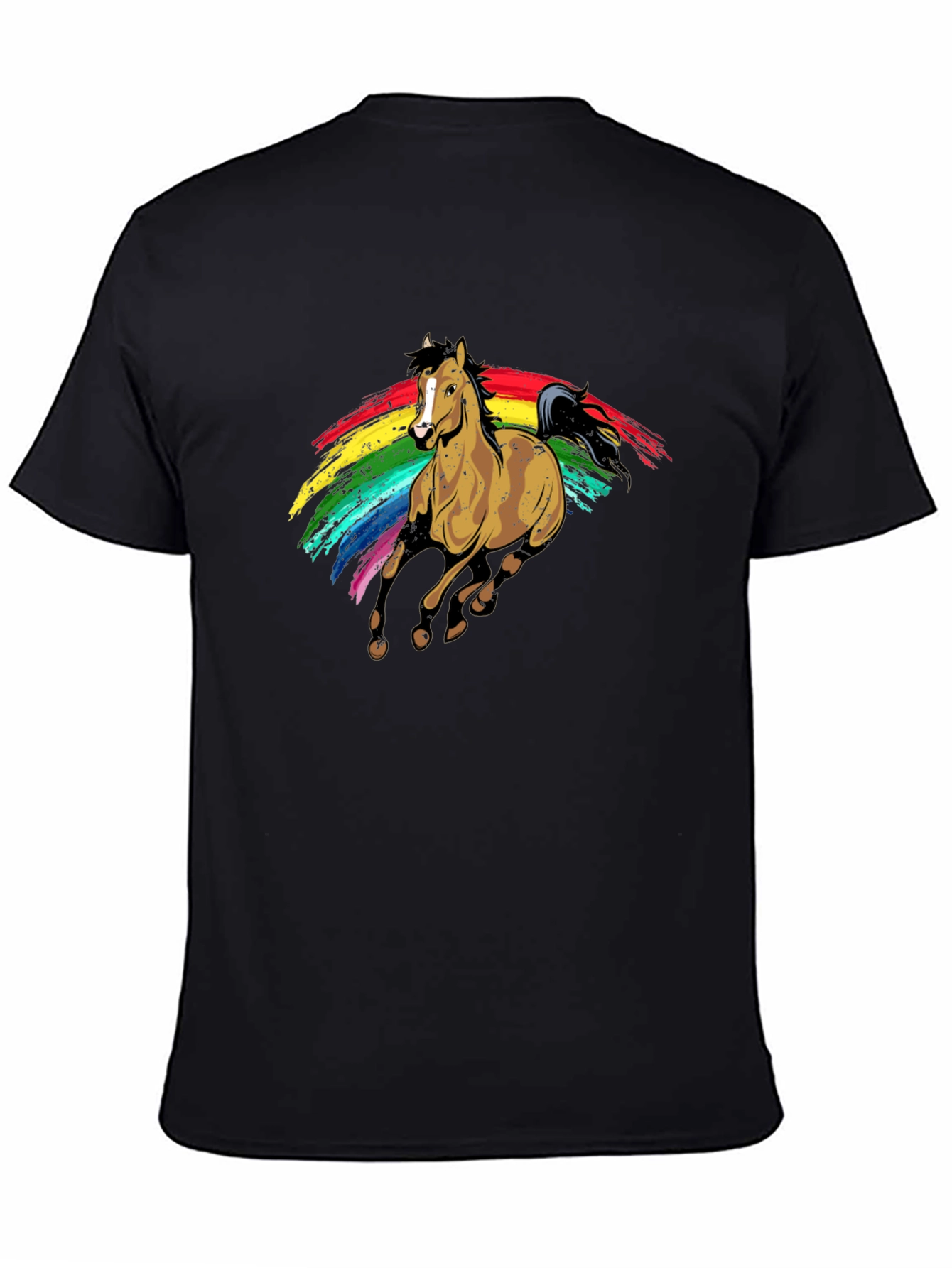 Camiseta Negra con Estampado de Caballo Arcoíris