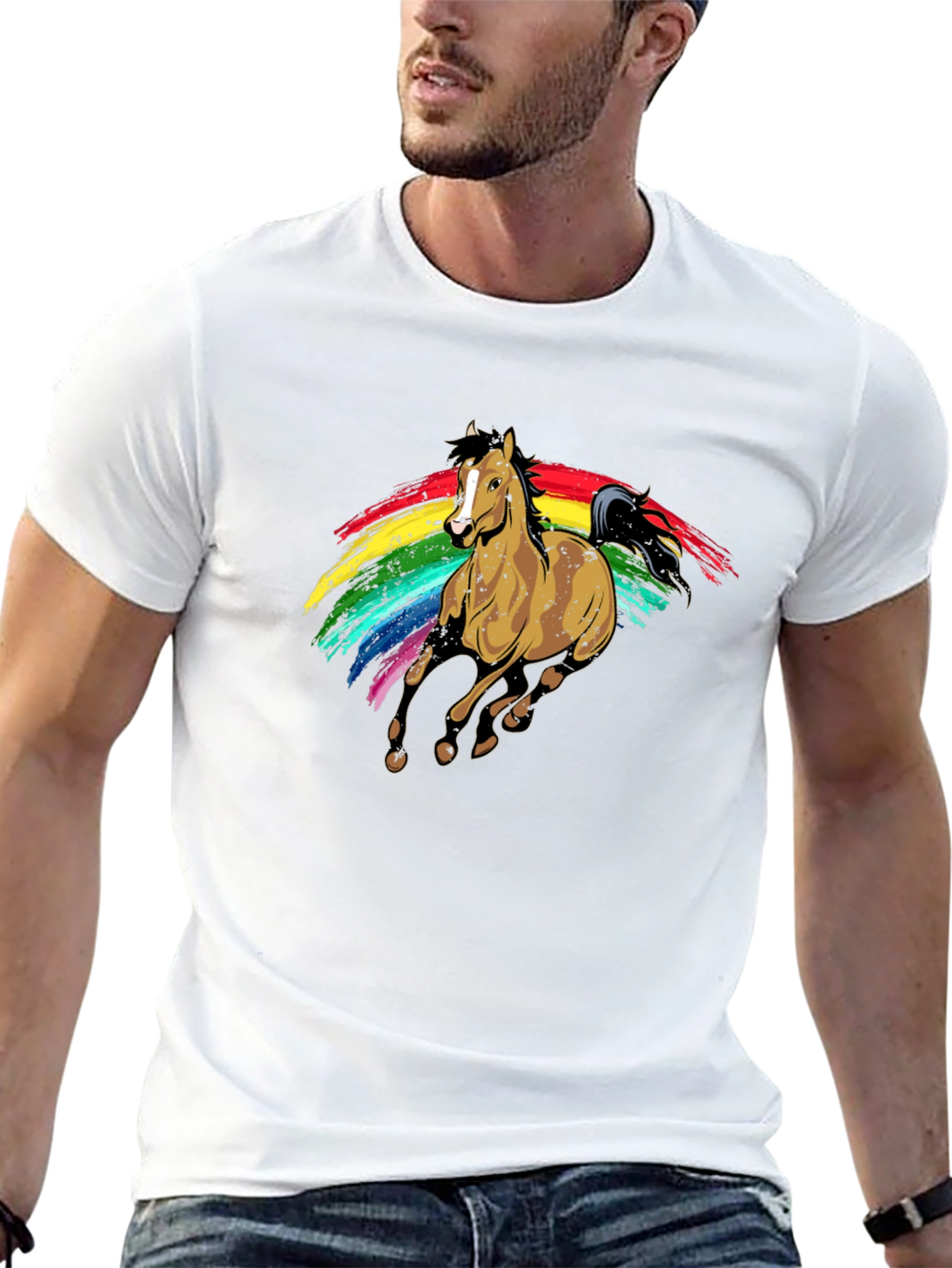 Camiseta Negra con Estampado de Caballo Arcoíris