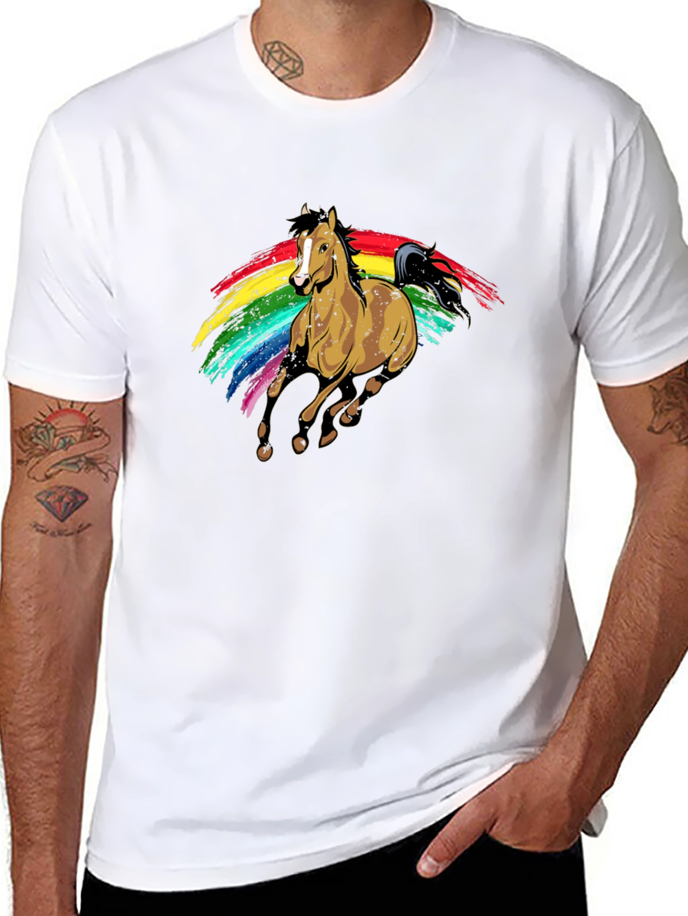 Camiseta Negra con Estampado de Caballo Arcoíris