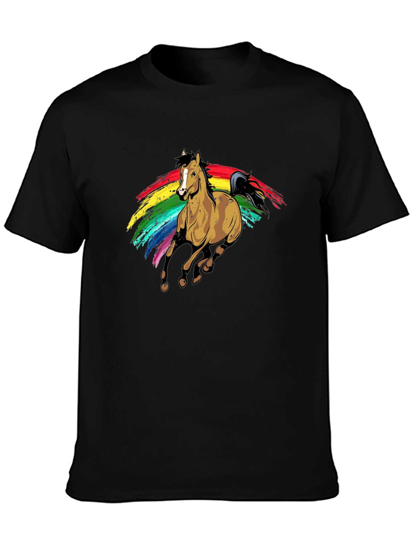 Camiseta Negra con Estampado de Caballo Arcoíris