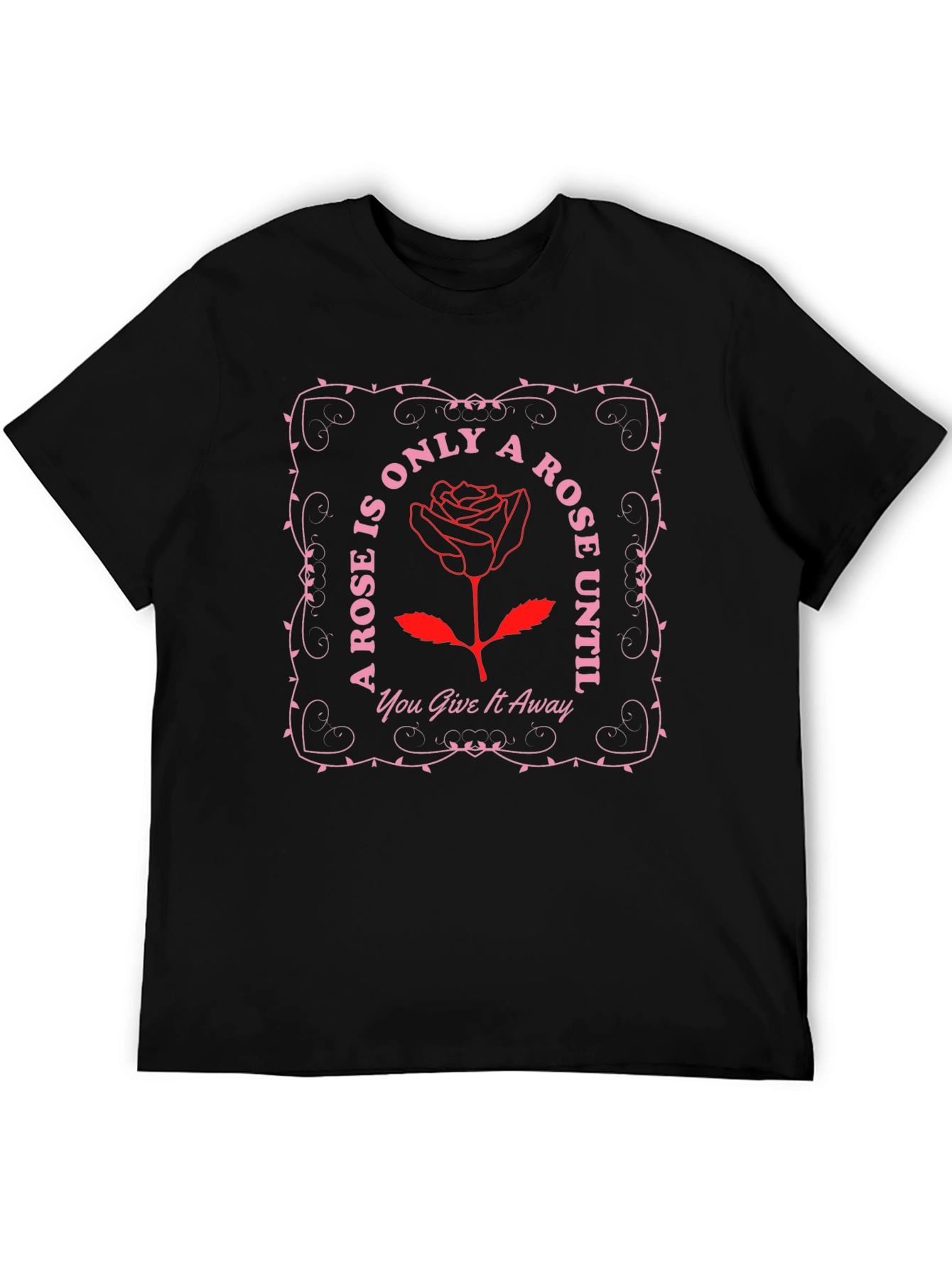 Camiseta Negra con Diseño de Rosa y Frase Romántica