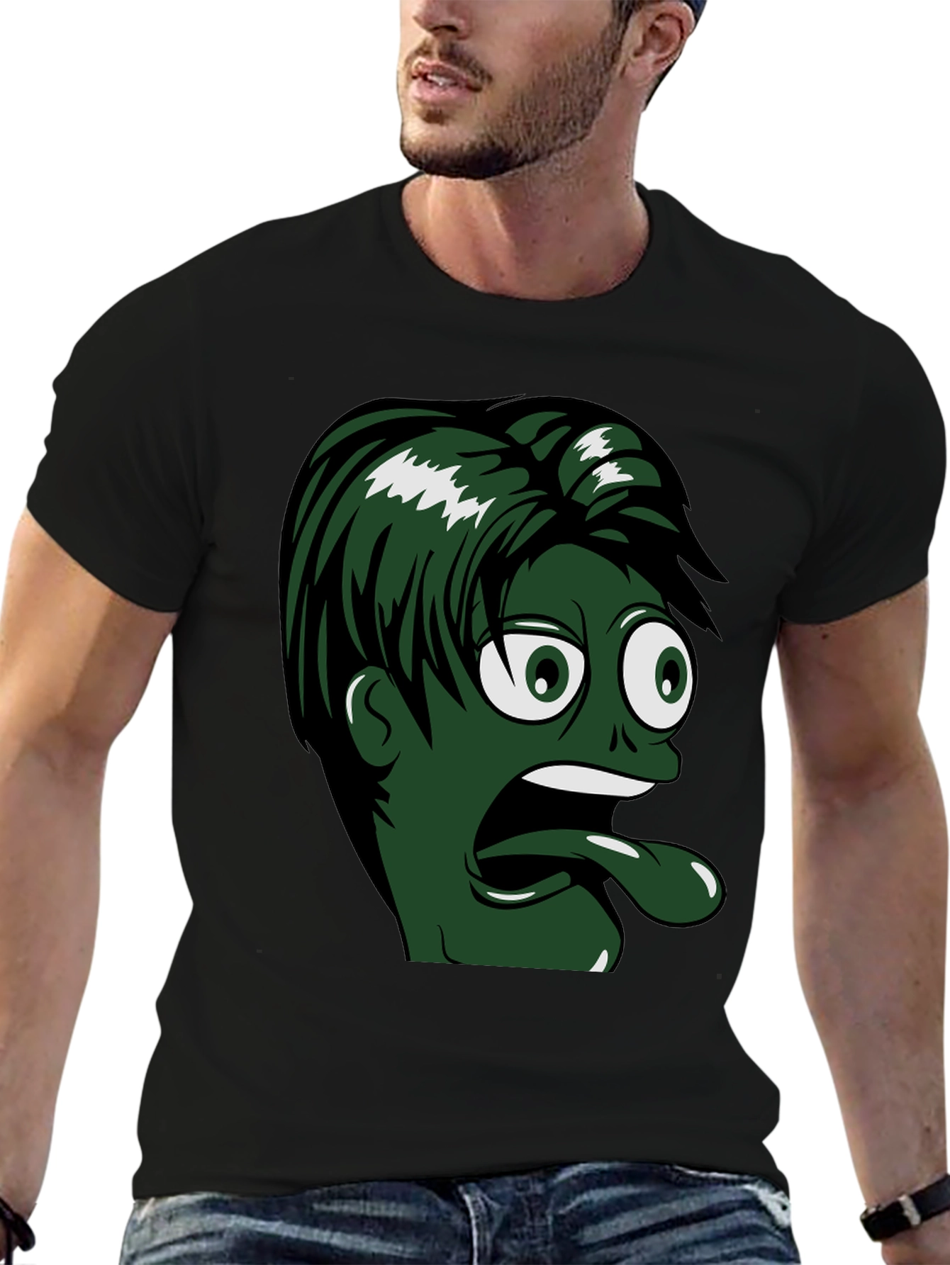 Camiseta Negra con Diseño Animado de Cara Verde