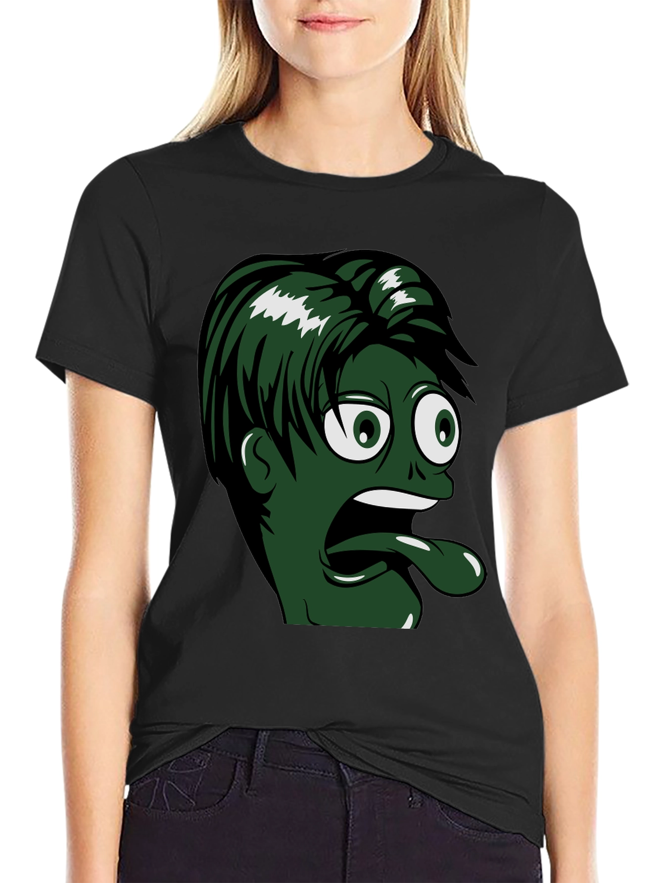 Camiseta Negra con Diseño Animado de Cara Verde