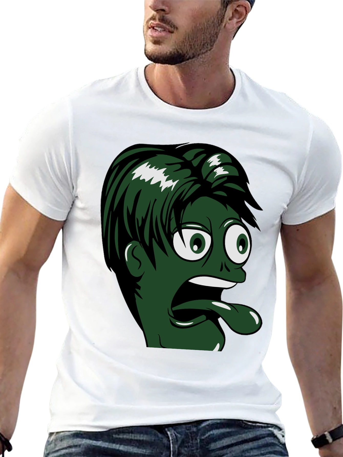 Camiseta Negra con Diseño Animado de Cara Verde