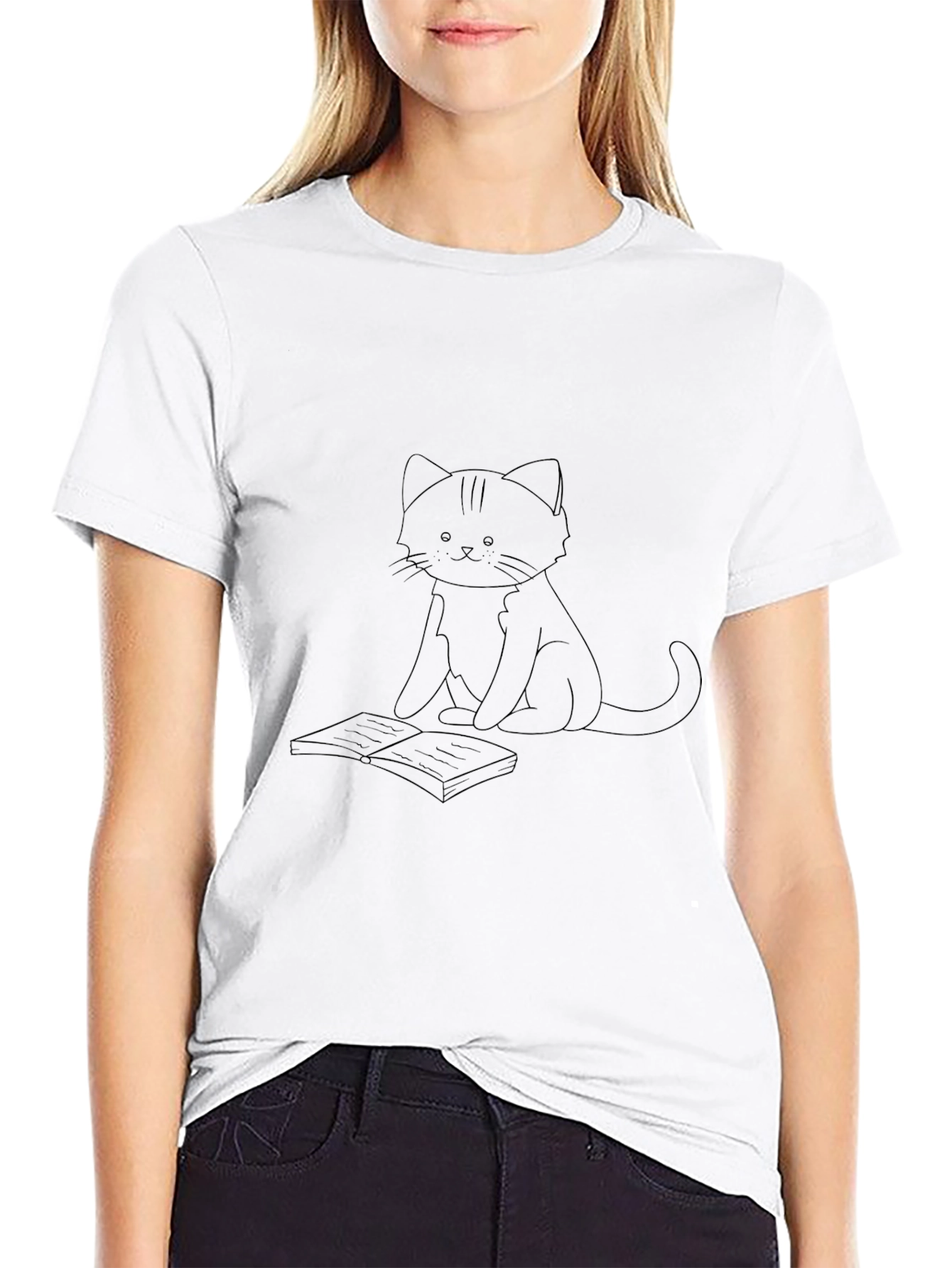 Camiseta Negra con Diseño de Gato Lector