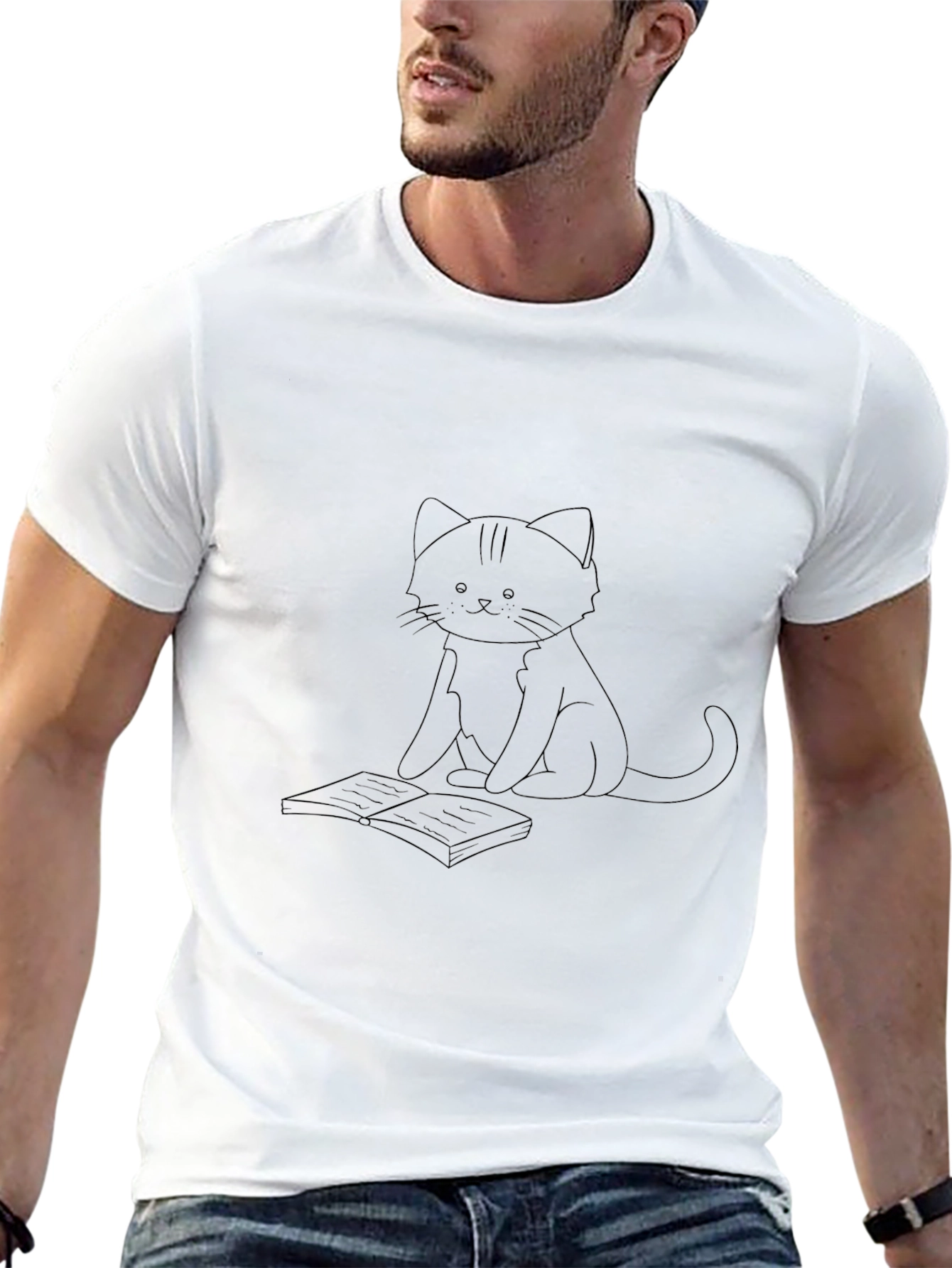 Camiseta Negra con Diseño de Gato Lector