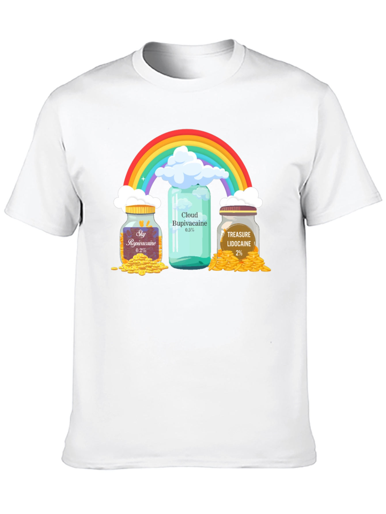 Camiseta Negra con Diseño Divertido de Arcoíris y Medicamentos