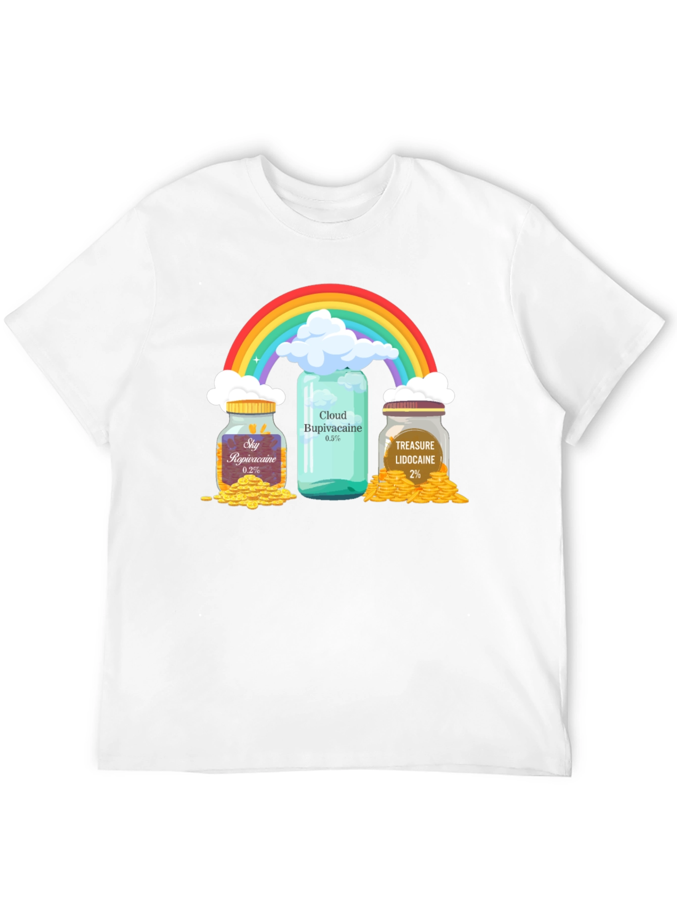 Camiseta Negra con Diseño Divertido de Arcoíris y Medicamentos