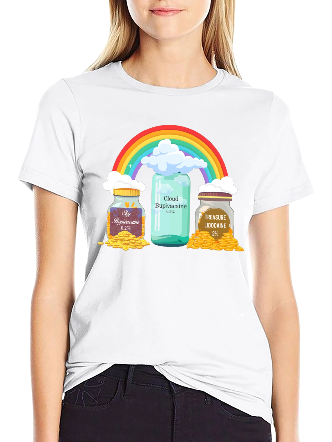 Camiseta Negra con Diseño Divertido de Arcoíris y Medicamentos