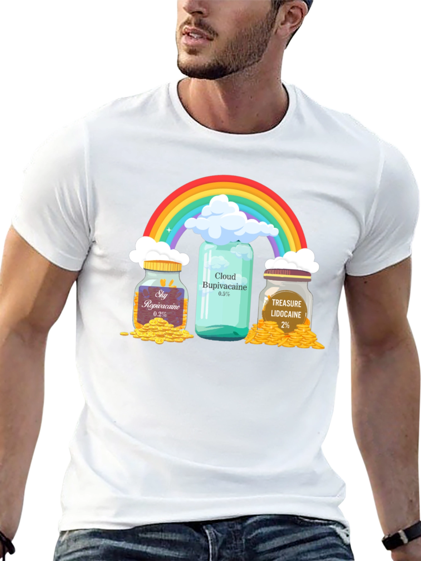 Camiseta Negra con Diseño Divertido de Arcoíris y Medicamentos