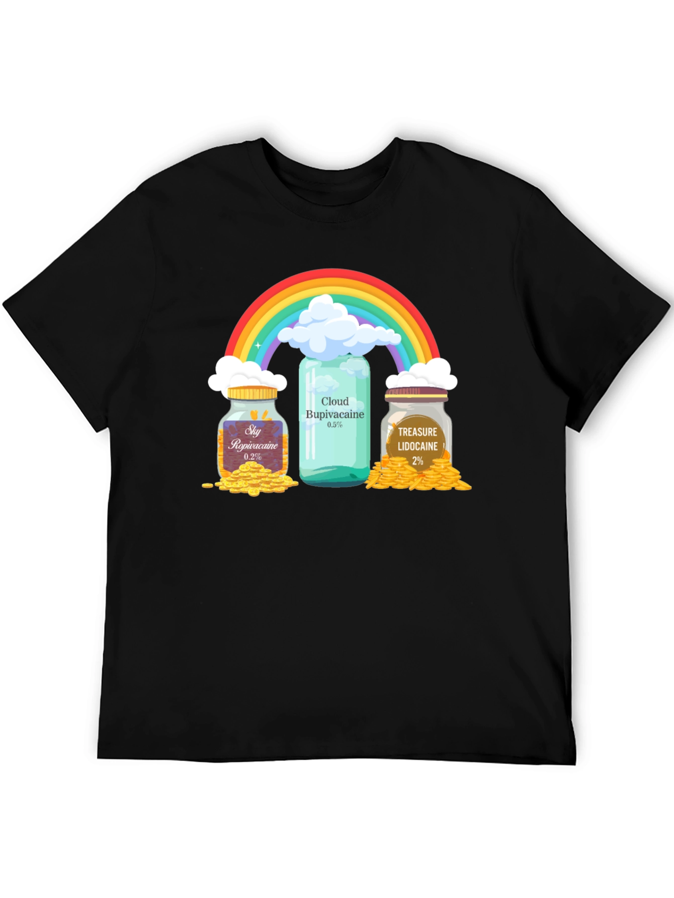 Camiseta Negra con Diseño Divertido de Arcoíris y Medicamentos