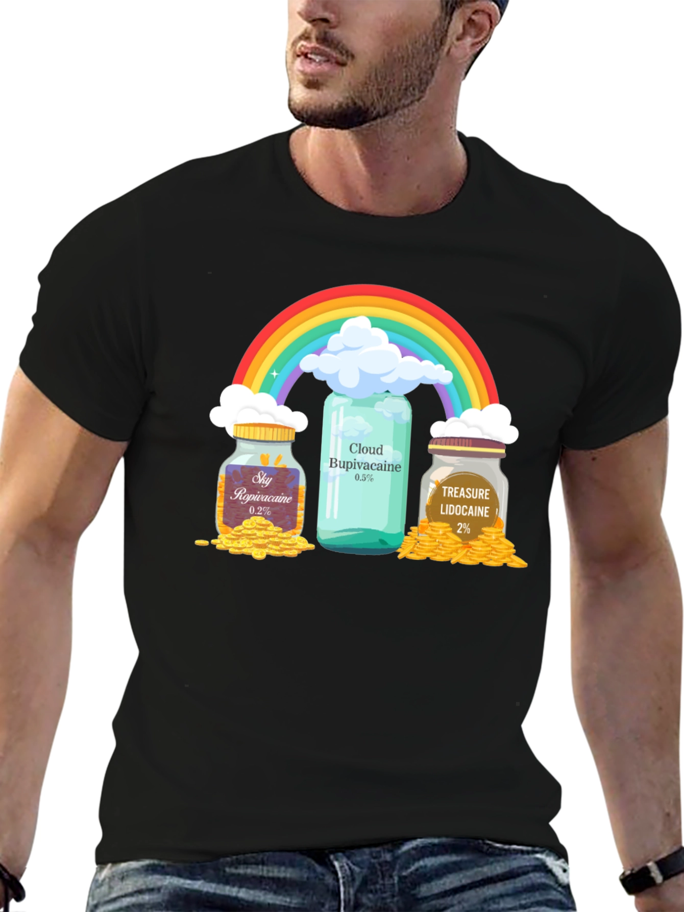 Camiseta Negra con Diseño Divertido de Arcoíris y Medicamentos