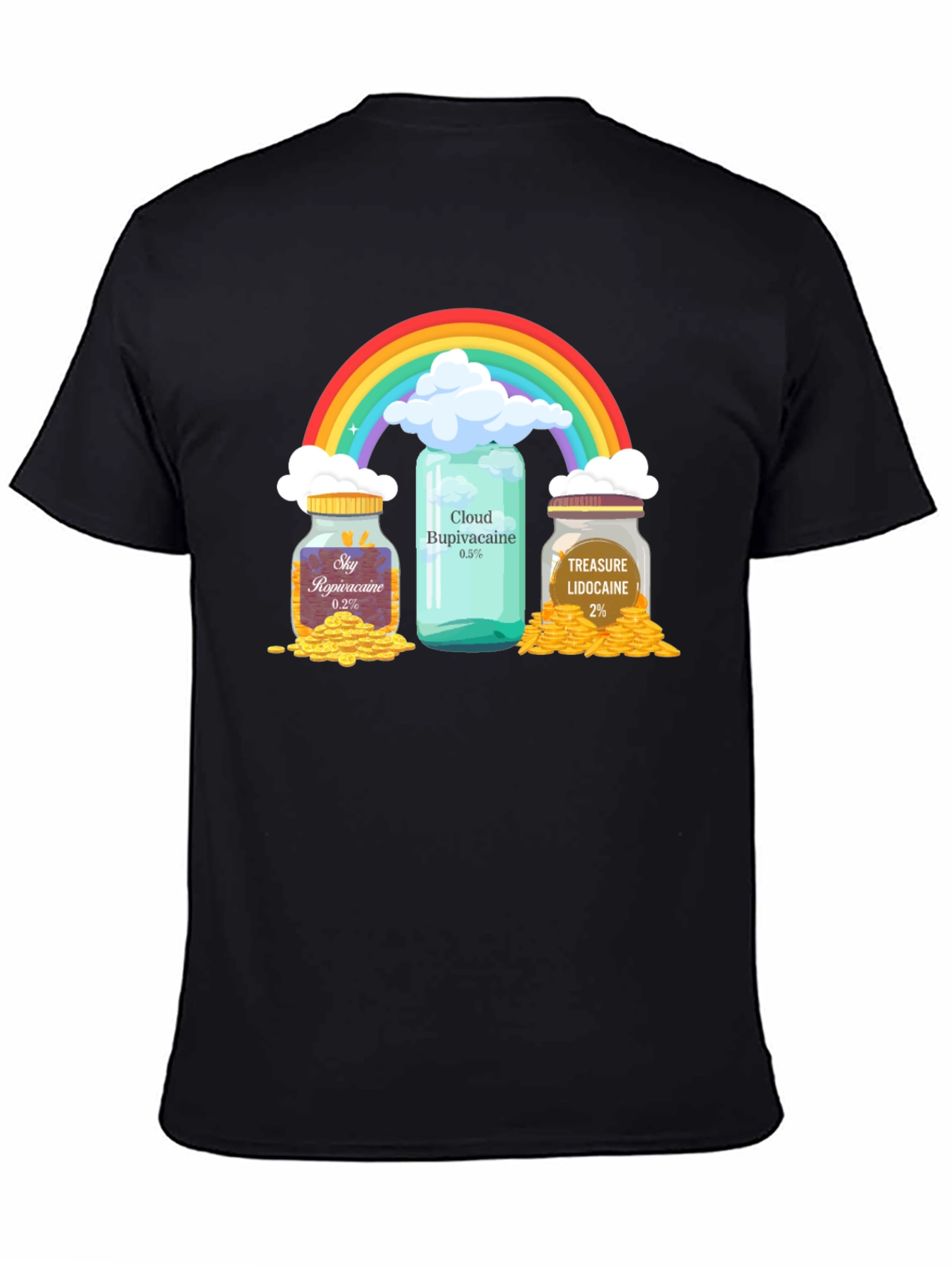 Camiseta Negra con Diseño Divertido de Arcoíris y Medicamentos