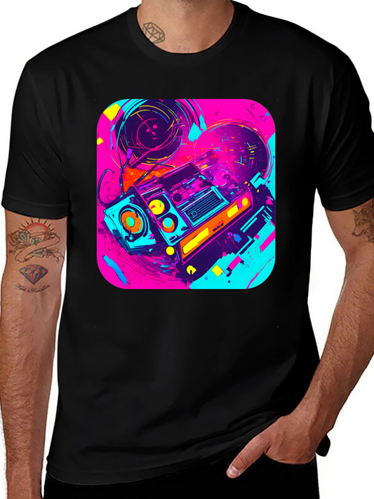 Camiseta Negra con Diseño de Radio Retro Vibrante