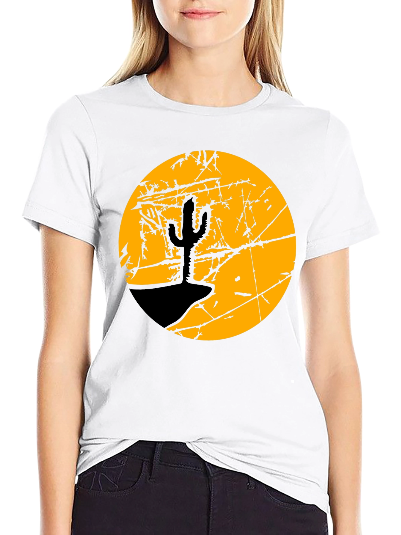 Camiseta Negra con Diseño de Cactus y Luna