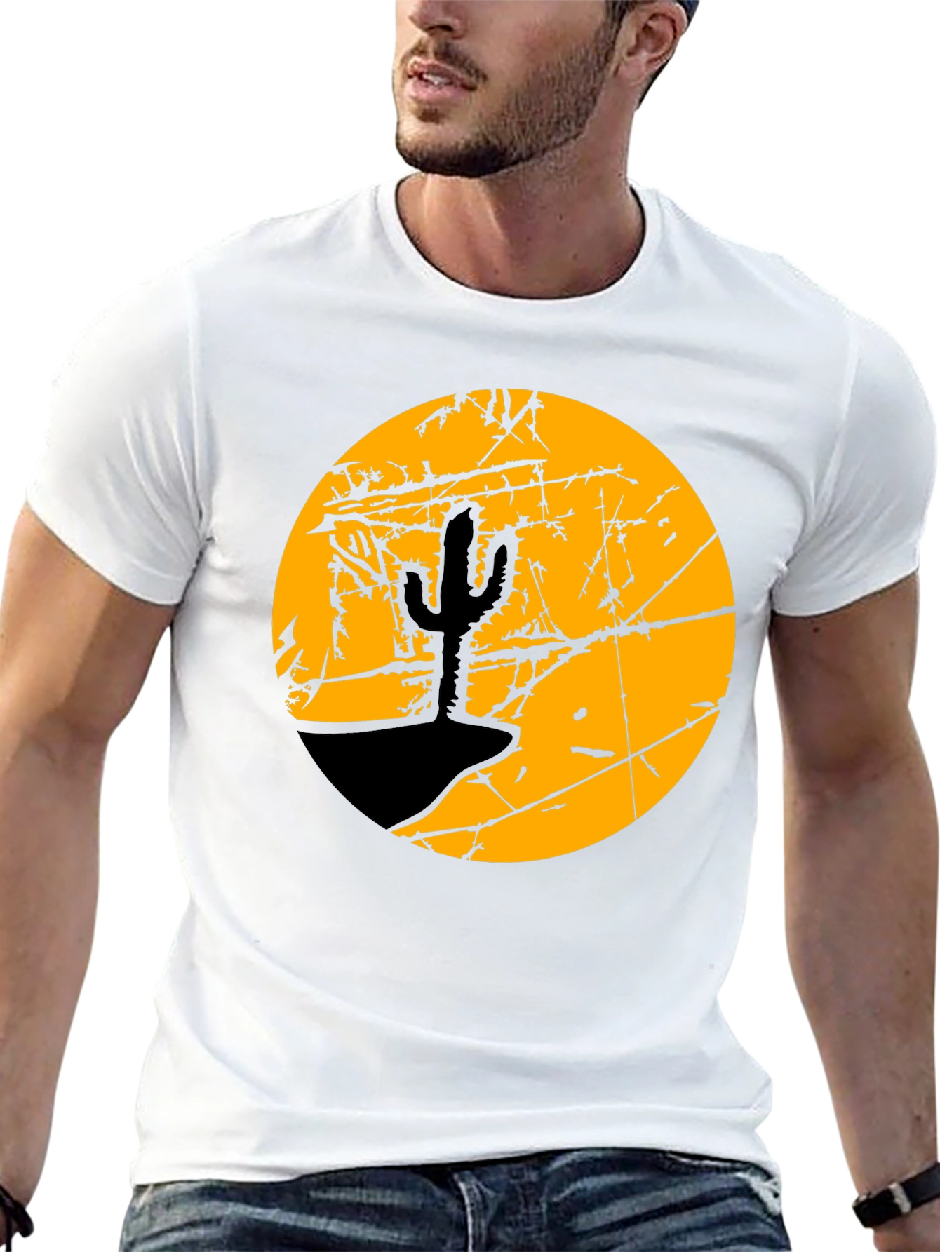 Camiseta Negra con Diseño de Cactus y Luna