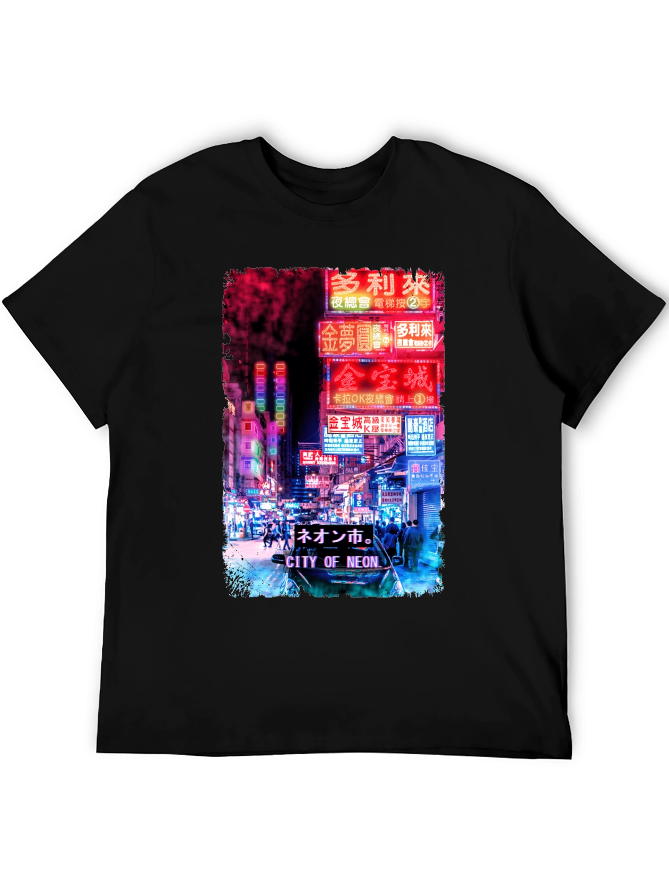 Camiseta Negra Estampada: Ciudad Neón Asiática