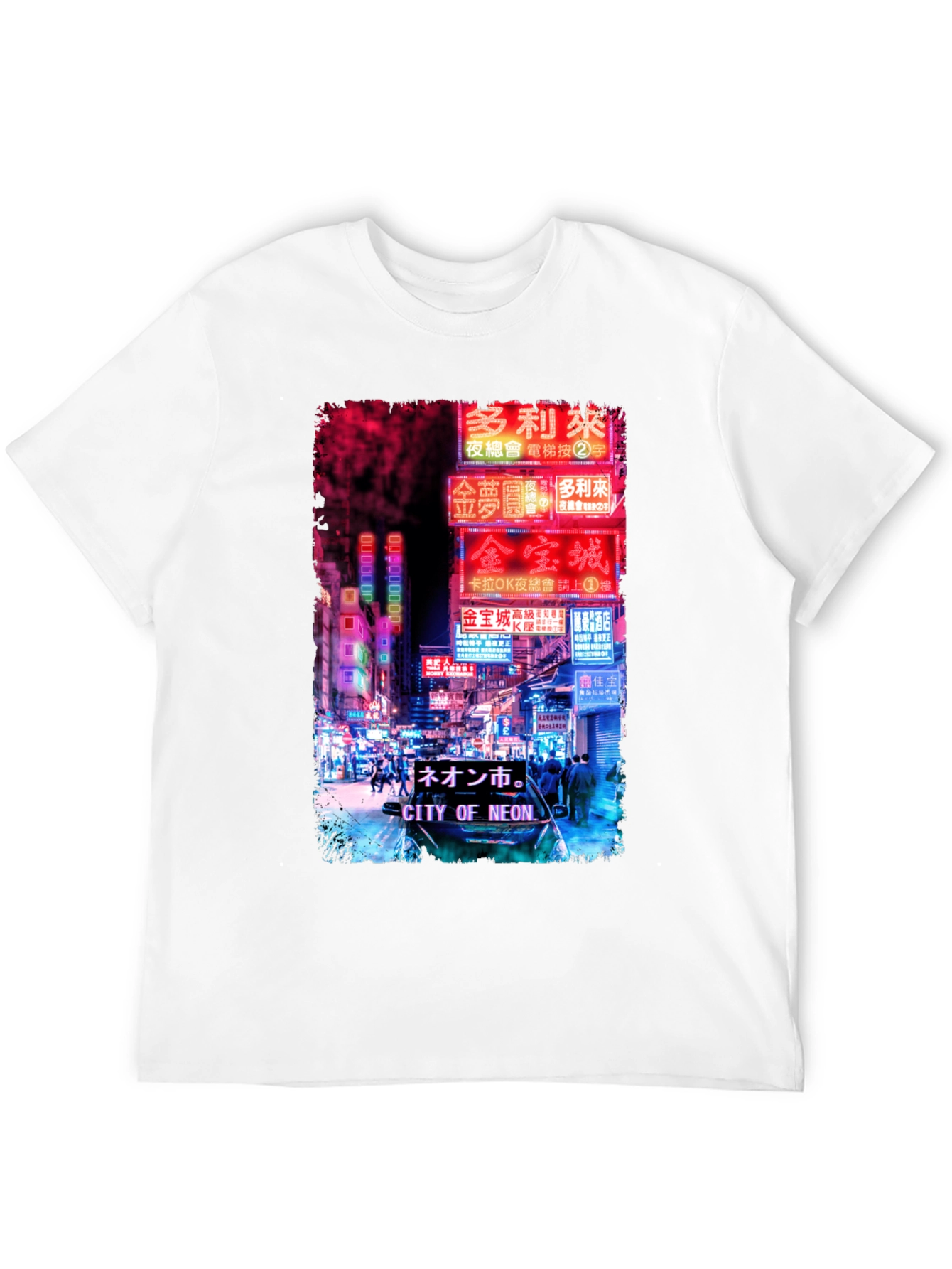 Camiseta Negra Estampada: Ciudad Neón Asiática
