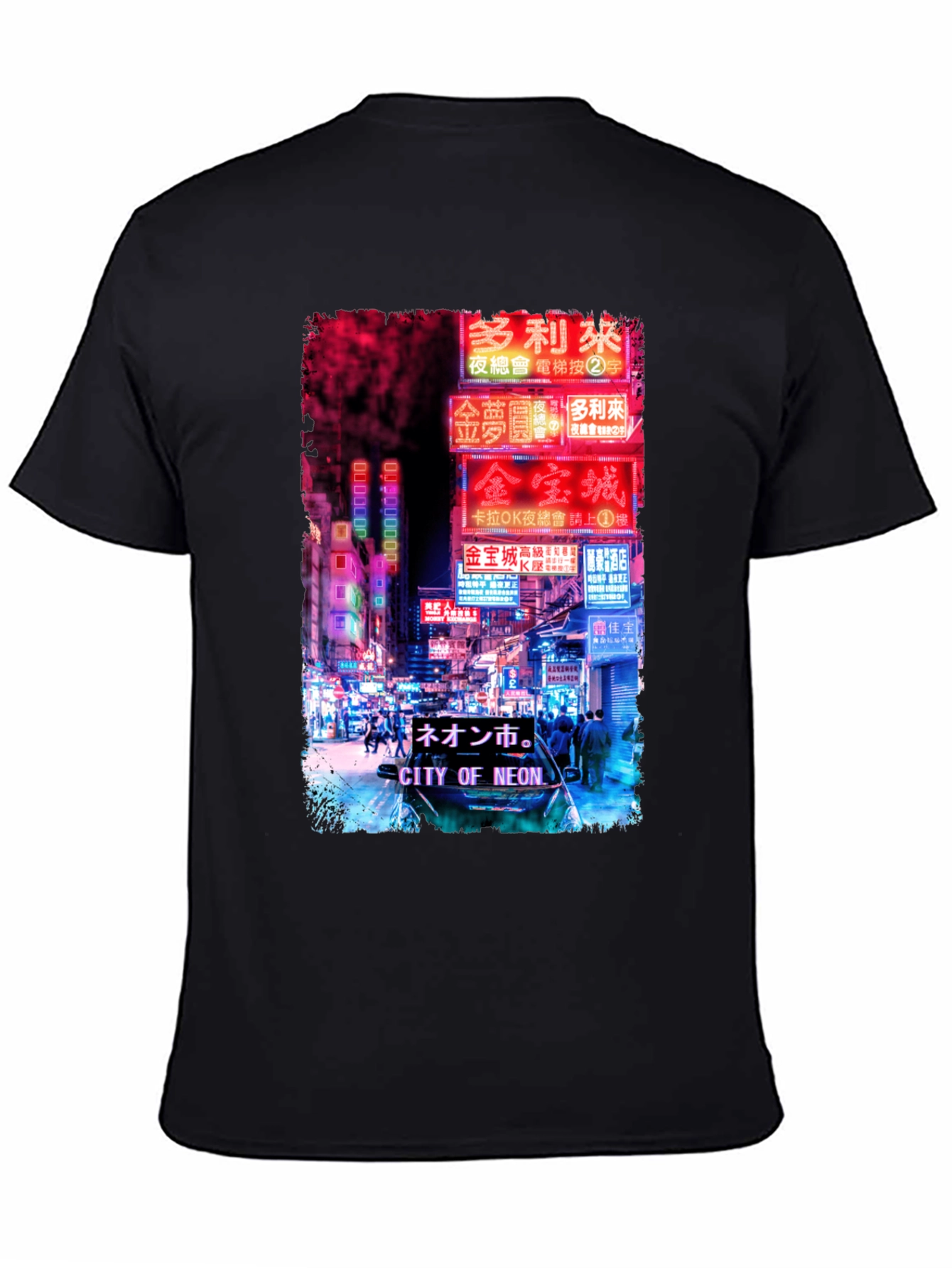 Camiseta Negra Estampada: Ciudad Neón Asiática