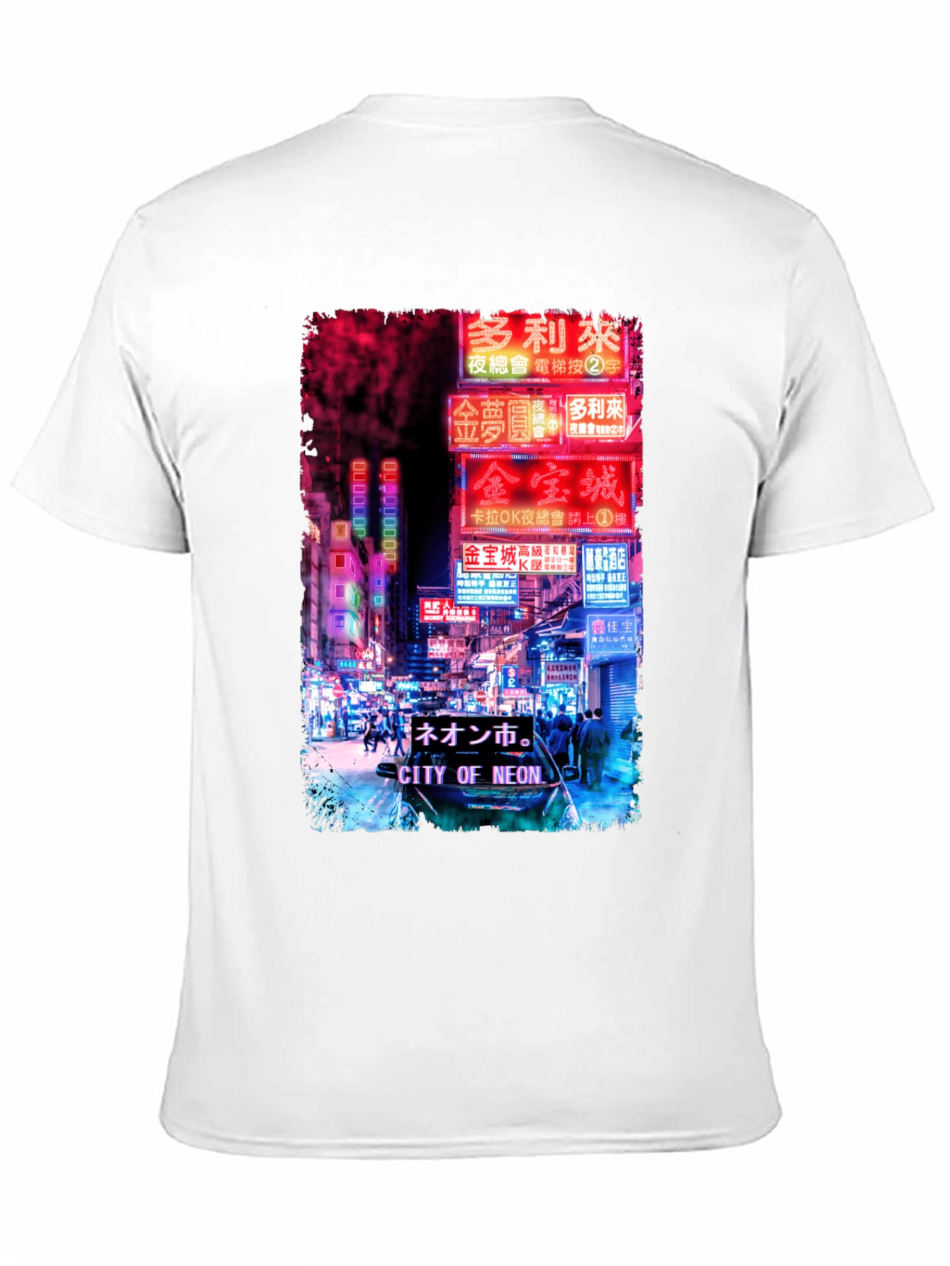 Camiseta Negra Estampada: Ciudad Neón Asiática