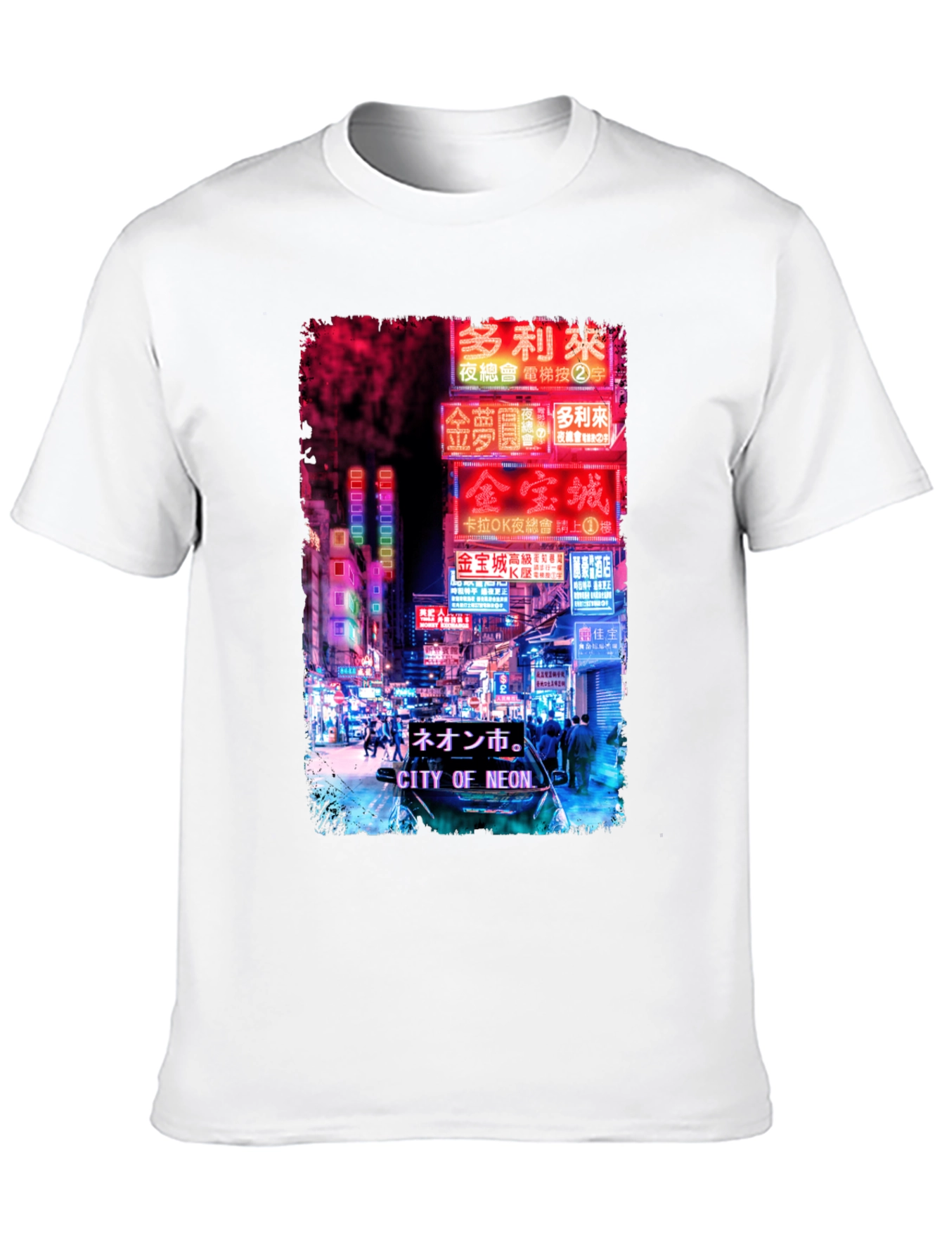 Camiseta Negra Estampada: Ciudad Neón Asiática