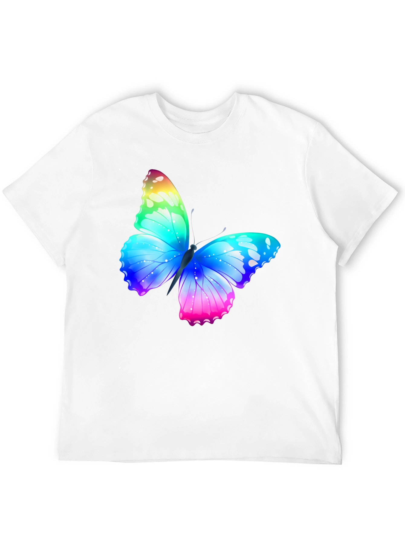 Camiseta Negra con Mariposa Arcoíris Estampada