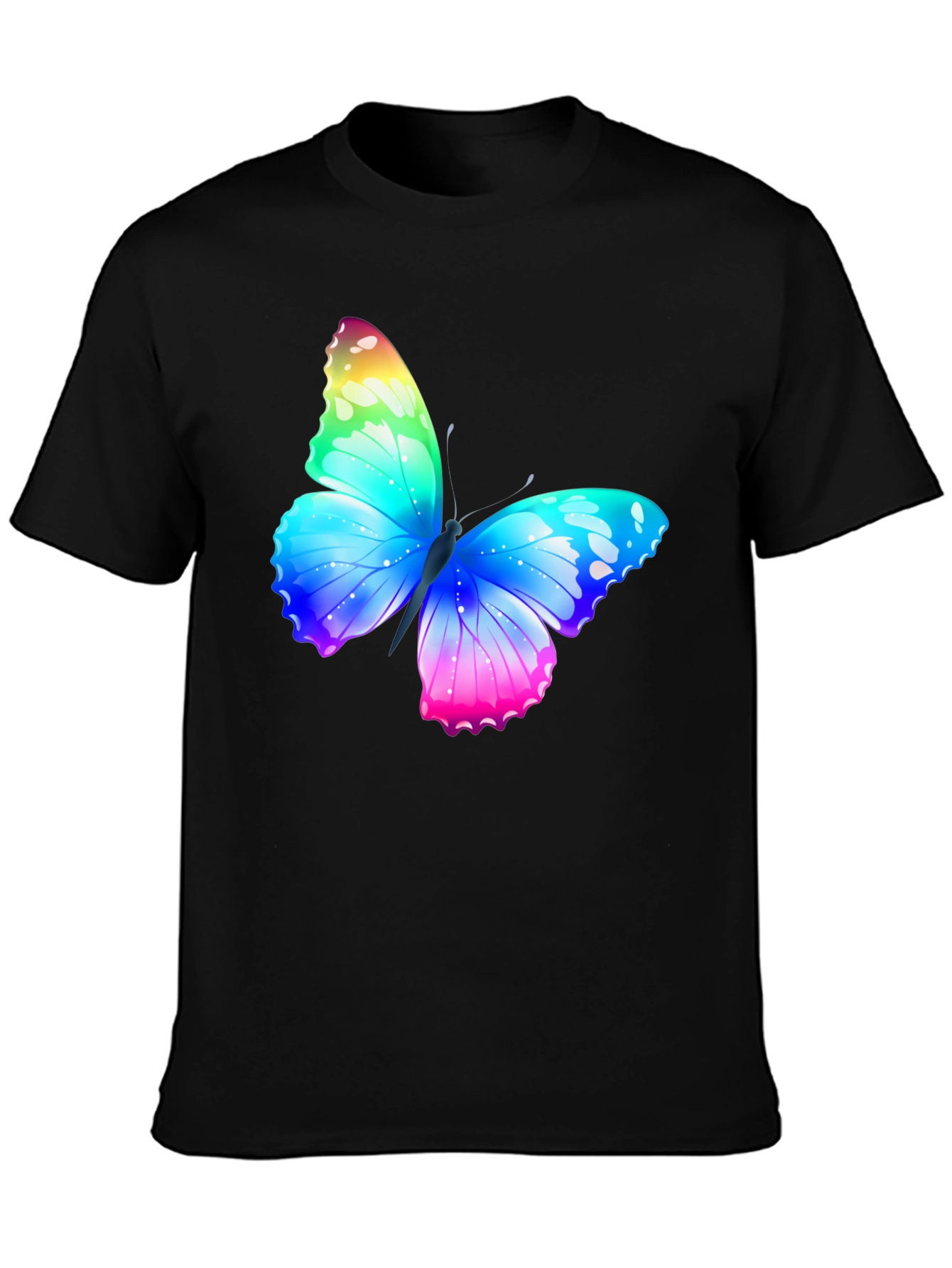 Camiseta Negra con Mariposa Arcoíris Estampada