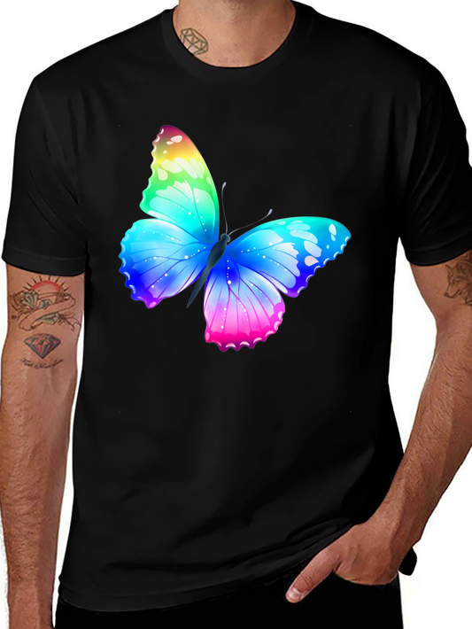 Camiseta Negra con Mariposa Arcoíris Estampada