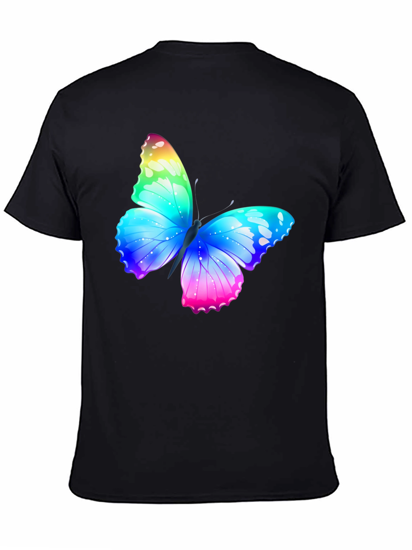 Camiseta Negra con Mariposa Arcoíris Estampada